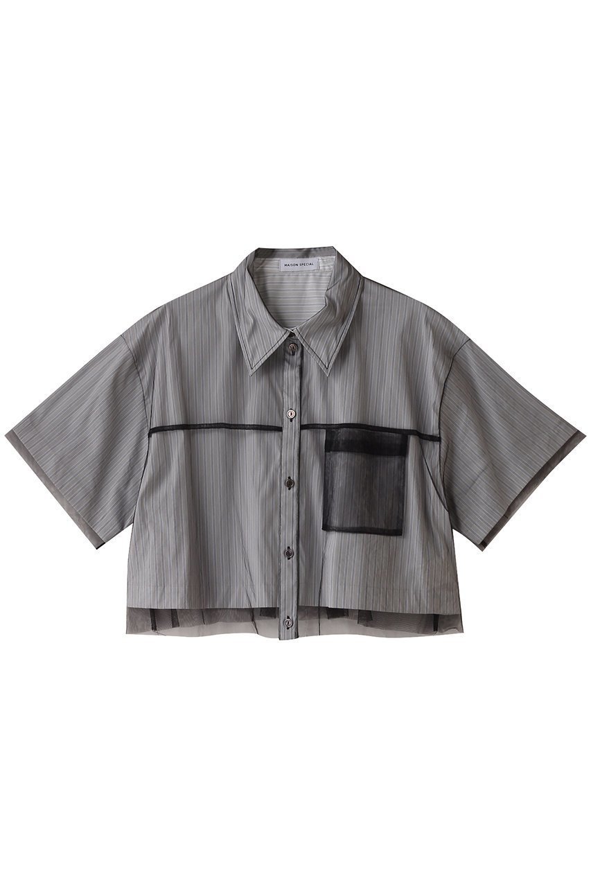 【メゾンスペシャル/MAISON SPECIAL】のSee-through Layered Tulle Shirt/シースルーレイヤードチュールシャツ インテリア・キッズ・メンズ・レディースファッション・服の通販 founy(ファニー) 　ファッション　Fashion　レディースファッション　Fashion for Women　トップス・カットソー　Cut & Sew Tops　シャツ・ブラウス・オフィスカジュアル　Elegant Blouses & Button-Ups　シアー　Sheer, See-Through　ショート　Short, Short Length　ストライプ　Stripe, Striped Pattern　スリーブ　Sleeve, Long Sleeve / Short Sleeve　チュール　Tulip, Tulip Motif　エレガント 上品　Elegant　BLK(ブラック)|ID: prp329100003921195 ipo3291000000032907062