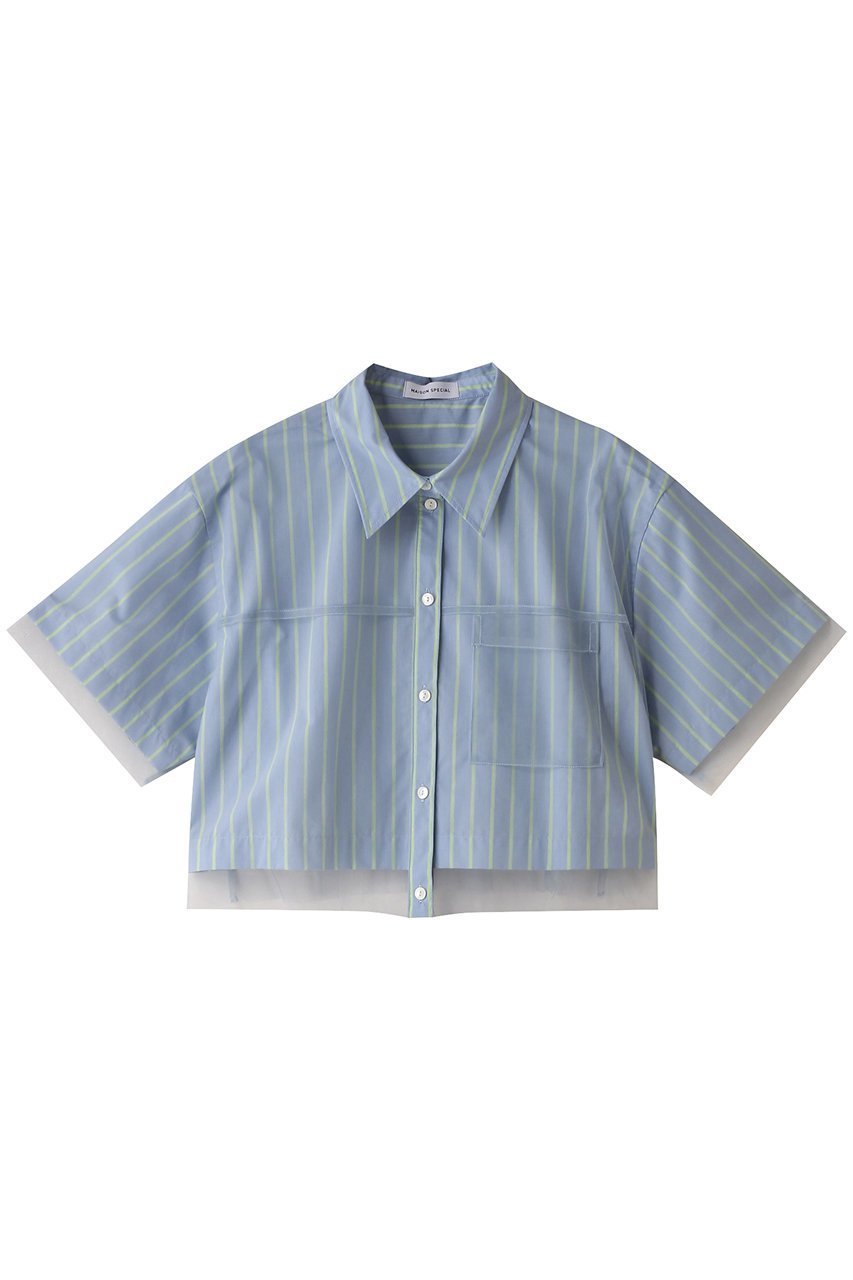 【メゾンスペシャル/MAISON SPECIAL】のSee-through Layered Tulle Shirt/シースルーレイヤードチュールシャツ インテリア・キッズ・メンズ・レディースファッション・服の通販 founy(ファニー) 　ファッション　Fashion　レディースファッション　Fashion for Women　トップス・カットソー　Cut & Sew Tops　シャツ・ブラウス・オフィスカジュアル　Elegant Blouses & Button-Ups　シアー　Sheer, See-Through　ショート　Short, Short Length　ストライプ　Stripe, Striped Pattern　スリーブ　Sleeve, Long Sleeve / Short Sleeve　チュール　Tulip, Tulip Motif　エレガント 上品　Elegant　BLU(ブルー)|ID: prp329100003921195 ipo3291000000032907064