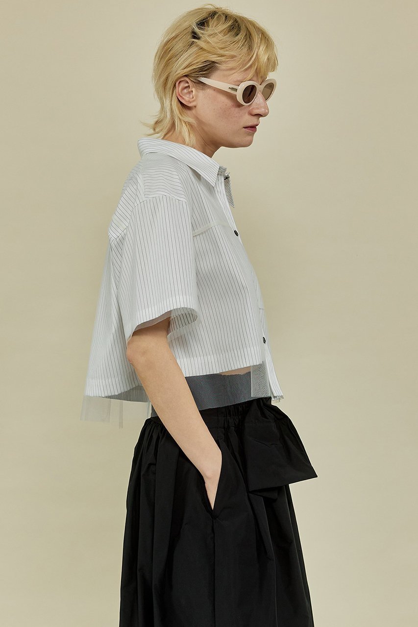 【メゾンスペシャル/MAISON SPECIAL】のSee-through Layered Tulle Shirt/シースルーレイヤードチュールシャツ 人気、トレンドファッション・服の通販 founy(ファニー) 　ファッション　Fashion　レディースファッション　Fashion for Women　トップス・カットソー　Cut & Sew Tops　シャツ・ブラウス・オフィスカジュアル　Elegant Blouses & Button-Ups　シアー　Sheer, See-Through　ショート　Short, Short Length　ストライプ　Stripe, Striped Pattern　スリーブ　Sleeve, Long Sleeve / Short Sleeve　チュール　Tulip, Tulip Motif　エレガント 上品　Elegant　other-7|ID: prp329100003921195 ipo3291000000032907085