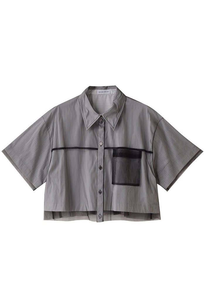 【メゾンスペシャル/MAISON SPECIAL】のSee-through Layered Tulle Shirt/シースルーレイヤードチュールシャツ インテリア・キッズ・メンズ・レディースファッション・服の通販 founy(ファニー) https://founy.com/ ファッション Fashion レディースファッション Fashion for Women トップス・カットソー Cut & Sew Tops シャツ・ブラウス・オフィスカジュアル Elegant Blouses & Button-Ups シアー Sheer, See-Through ショート Short, Short Length ストライプ Stripe, Striped Pattern スリーブ Sleeve, Long Sleeve / Short Sleeve チュール Tulip, Tulip Motif エレガント 上品 Elegant |ID: prp329100003921195 ipo3291000000036400905