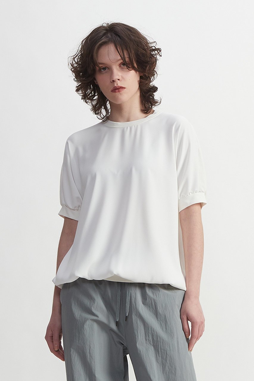 【プレインピープル/PLAIN PEOPLE】のヴィンテージレアルツイスト×サテン半袖ギャザープルオーバー 人気、トレンドファッション・服の通販 founy(ファニー) 　ファッション　Fashion　レディースファッション　Fashion for Women　トップス・カットソー　Cut & Sew Tops　シャツ・ブラウス・オフィスカジュアル　Elegant Blouses & Button-Ups　ロングTシャツ・Tシャツ　Longline T-Shirts & Tees　ベスト&ジレ / 重ね着スタイル　Vests & Gilets　カジュアルプルオーバー・ニットトップス　Pullovers & Knit Tops / Casual Pullovers　カットソー・ベーシックTシャツ　Cut-and-Sewn Tops / Stretch Tees & Basics　ギャザー　Gathered, Ruffled　サテン　Satin, Glossy Fabric　ショート　Short, Short Length　スリーブ　Sleeve, Long Sleeve / Short Sleeve　ツイル　Twist, Twisted Detail　フロント　Front, Front Design　ブラウジング　Blouson Silhouette, Cinched Waist　半袖　Short Sleeve, Half Sleeve　 other-1|ID: prp329100003922377 ipo3291000000035041460