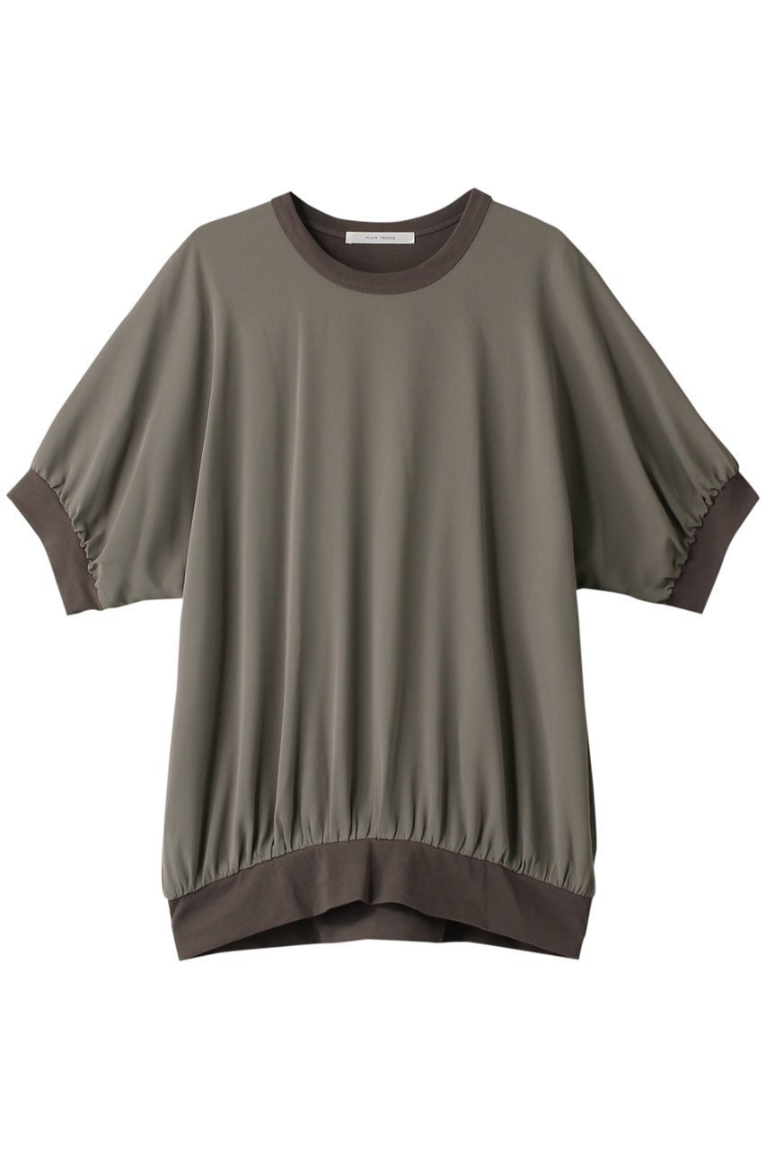 【プレインピープル/PLAIN PEOPLE】のヴィンテージレアルツイスト×サテン半袖ギャザープルオーバー インテリア・キッズ・メンズ・レディースファッション・服の通販 founy(ファニー) 　ファッション　Fashion　レディースファッション　Fashion for Women　トップス・カットソー　Cut & Sew Tops　シャツ・ブラウス・オフィスカジュアル　Elegant Blouses & Button-Ups　ロングTシャツ・Tシャツ　Longline T-Shirts & Tees　ベスト&ジレ / 重ね着スタイル　Vests & Gilets　カジュアルプルオーバー・ニットトップス　Pullovers & Knit Tops / Casual Pullovers　カットソー・ベーシックTシャツ　Cut-and-Sewn Tops / Stretch Tees & Basics　ギャザー　Gathered, Ruffled　サテン　Satin, Glossy Fabric　ショート　Short, Short Length　スリーブ　Sleeve, Long Sleeve / Short Sleeve　ツイル　Twist, Twisted Detail　フロント　Front, Front Design　ブラウジング　Blouson Silhouette, Cinched Waist　半袖　Short Sleeve, Half Sleeve　モカ|ID: prp329100003922377 ipo3291000000035041462