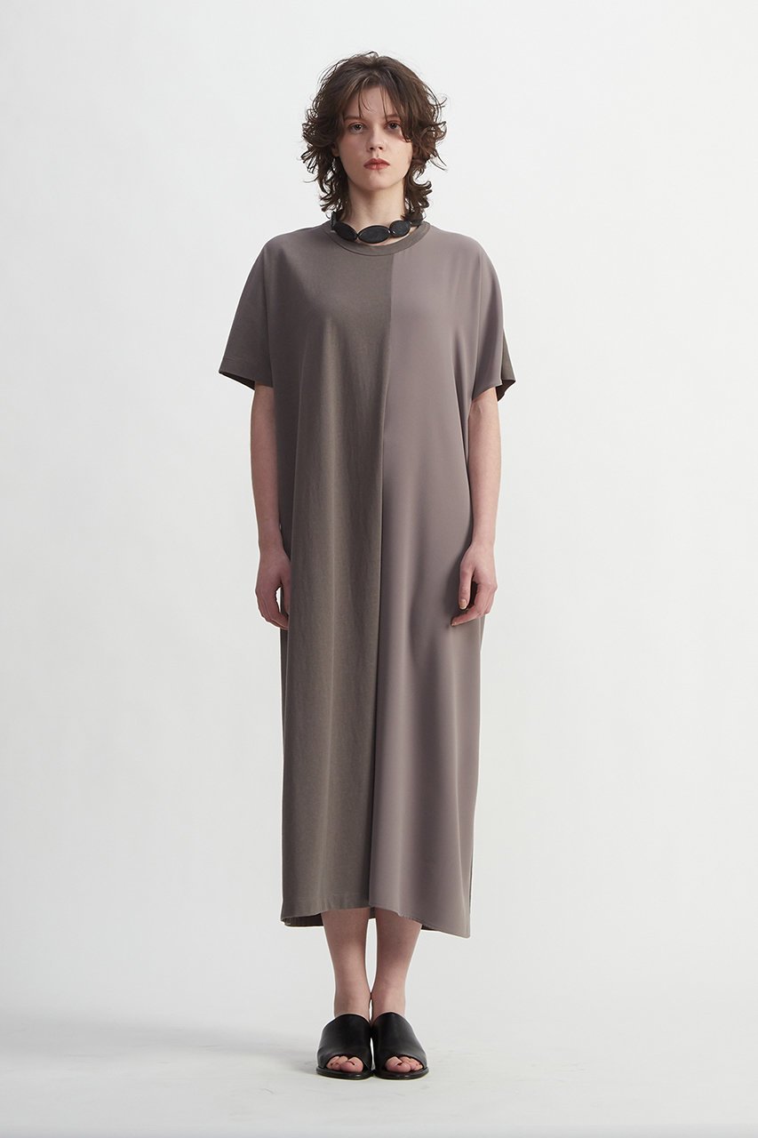 【プレインピープル/PLAIN PEOPLE】のヴィンテージレアルツイスト×サテン半袖ロングワンピース 人気、トレンドファッション・服の通販 founy(ファニー) 　ファッション　Fashion　レディースファッション　Fashion for Women　アウター　Coat / Outerwear Collection　ワンピース　Dresses　チュニック　Tunic Tops & Dresses　サテン　Satin, Glossy Fabric　シンプル　Simple, Minimal　チュニック　Tunic, Long Top　ツイル　Twist, Twisted Detail　ドッキング　Docking, Mixed Material　ドレープ　Drape, Draping Fabric　ロング　Long, Long-Length　半袖　Short Sleeve, Half Sleeve　other-2|ID: prp329100003922378 ipo3291000000035829917