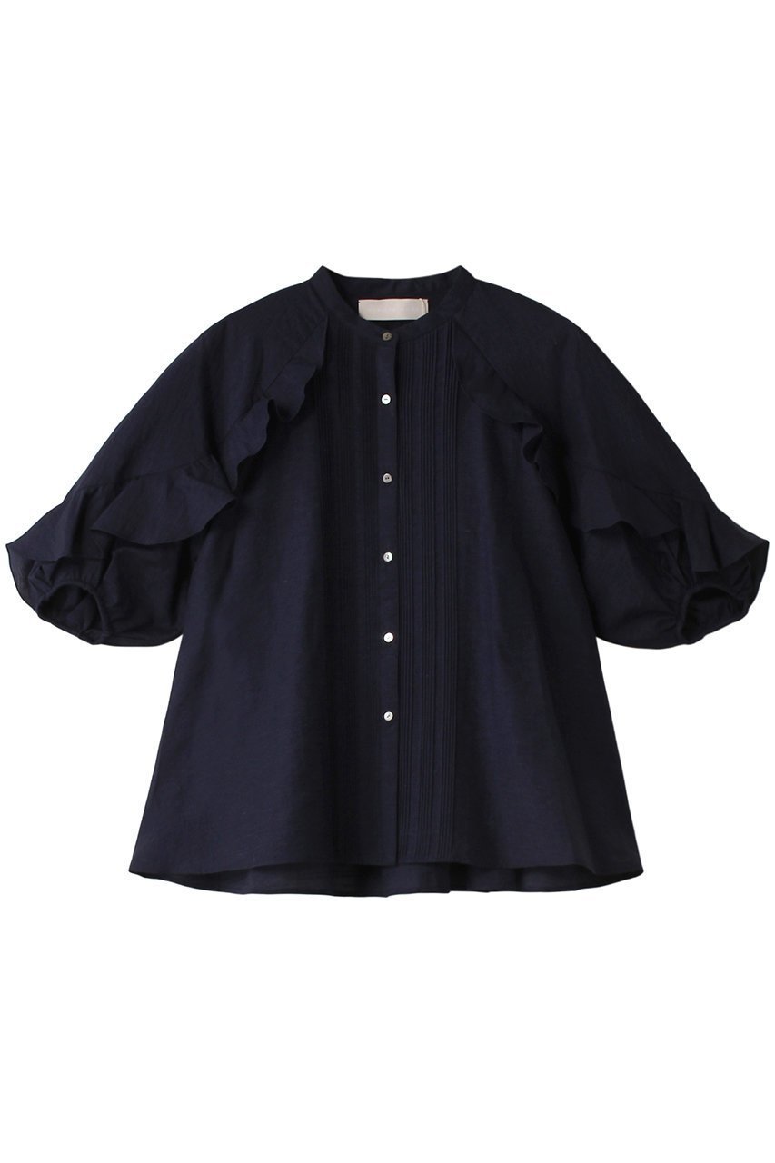 【マリリンムーン/MARILYN MOON】のシアーラッフルピンタックブラウス インテリア・キッズ・メンズ・レディースファッション・服の通販 founy(ファニー) 　ファッション　Fashion　レディースファッション　Fashion for Women　トップス・カットソー　Cut & Sew Tops　シャツ・ブラウス・オフィスカジュアル　Elegant Blouses & Button-Ups　シアー　Sheer, See-Through　ショート　Short, Short Length　スリーブ　Sleeve, Long Sleeve / Short Sleeve　ボトム　Bottoms, Lower Wear　ラッフル　Ruffle, Frill　人気　Popular, Best Seller　ネイビー|ID: prp329100003930321 ipo3291000000032911437