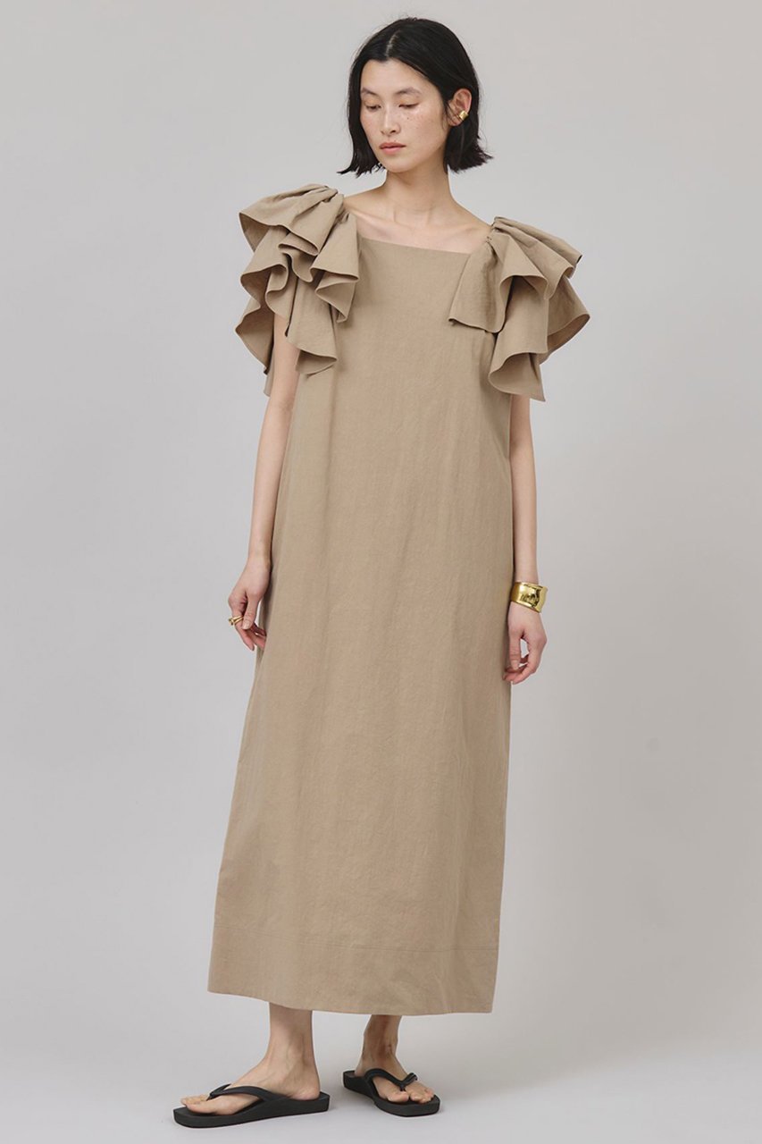 【カレンソロジー/Curensology】のコットンリネンフリルスリーブワンピース 人気、トレンドファッション・服の通販 founy(ファニー) 　ファッション　Fashion　レディースファッション　Fashion for Women　ワンピース　Dresses　チュニック　Tunic Tops & Dresses　ギャザー　Gathered, Ruffled　サマー　Summer, Summer Style　スリーブ　Sleeve, Long Sleeve / Short Sleeve　チュニック　Tunic, Long Top　フリル　Frill, Ruffle　ロング　Long, Long-Length　夏　Summer　日本製　Made In Japan　 other-1|ID: prp329100003930335 ipo3291000000032810817
