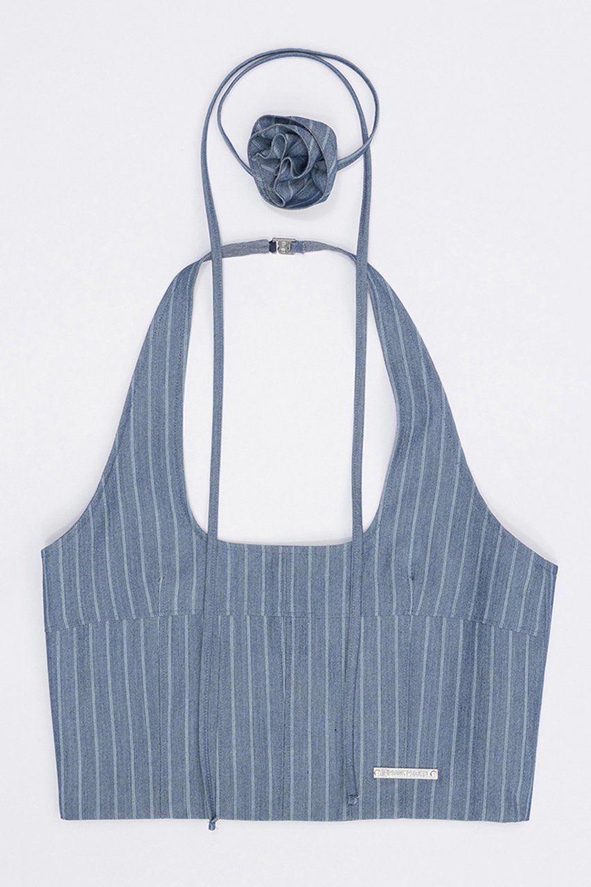 【プランク プロジェクト/PRANK PROJECT】のフラワーチョーカーストライプホルタートップス / Flower Choker Striped Halter Top インテリア・キッズ・メンズ・レディースファッション・服の通販 founy(ファニー) 　ファッション　Fashion　レディースファッション　Fashion for Women　トップス・カットソー　Cut & Sew Tops　キャミソール&ノースリーブ　Camisoles & Sleeveless Tops　シャツ・ブラウス・オフィスカジュアル　Elegant Blouses & Button-Ups　スクエア　Square, Square Shape　ストライプ　Stripe, Striped Pattern　ストレート　Straight, Straight Cut　セットアップ　Set-Up, Coordinated Outfit　デニム　Denim, Jeans Material　ノースリーブ　Sleeveless, No-Sleeve　夏　Summer　BLU(ブルー)|ID: prp329100003955115 ipo3291000000032909642