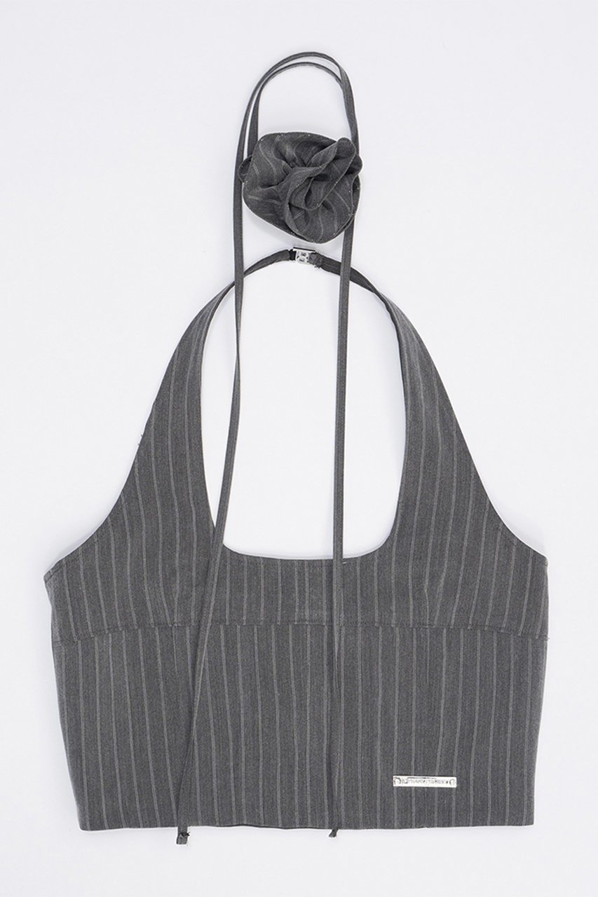 【プランク プロジェクト/PRANK PROJECT】のフラワーチョーカーストライプホルタートップス / Flower Choker Striped Halter Top インテリア・キッズ・メンズ・レディースファッション・服の通販 founy(ファニー) 　ファッション　Fashion　レディースファッション　Fashion for Women　トップス・カットソー　Cut & Sew Tops　キャミソール&ノースリーブ　Camisoles & Sleeveless Tops　シャツ・ブラウス・オフィスカジュアル　Elegant Blouses & Button-Ups　スクエア　Square, Square Shape　ストライプ　Stripe, Striped Pattern　ストレート　Straight, Straight Cut　セットアップ　Set-Up, Coordinated Outfit　デニム　Denim, Jeans Material　ノースリーブ　Sleeveless, No-Sleeve　夏　Summer　GRY(グレー)|ID: prp329100003955115 ipo3291000000032909644