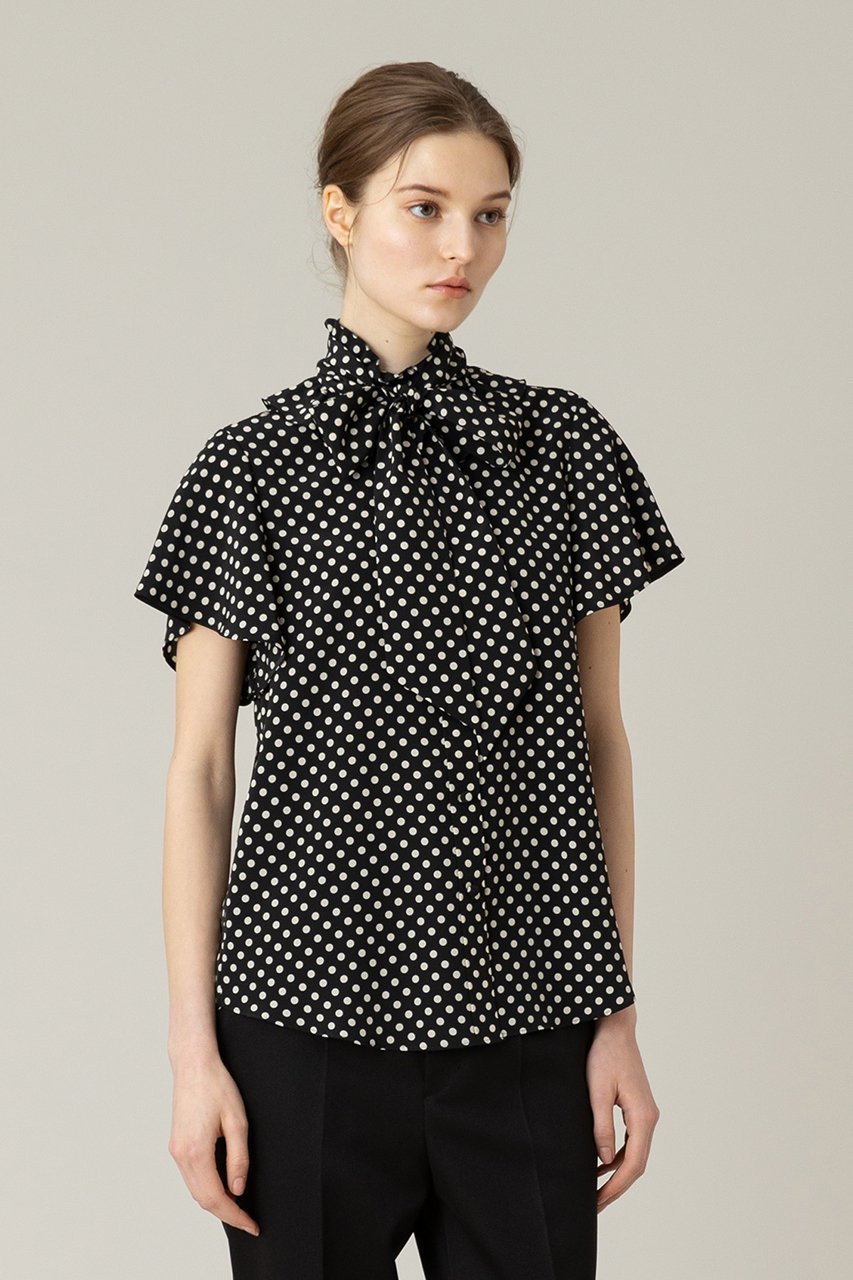 【アルアバイル/allureville】の【Loulou Willoughby】デシンドットフレアスリーブBL A 人気、トレンドファッション・服の通販 founy(ファニー) 　ファッション　Fashion　レディースファッション　Fashion for Women　トップス・カットソー　Cut & Sew Tops　シャツ・ブラウス・オフィスカジュアル　Elegant Blouses & Button-Ups　ショート　Short, Short Length　スタンド　Stand Collar, Upright Stand　スリーブ　Sleeve, Long Sleeve / Short Sleeve　ドット　Polka Dot, Dot Pattern　フリル　Frill, Ruffle　フレア　Flare, Flared　リボン　Ribbon, Bow　エレガント 上品　Elegant　定番　Standard, Basic Item　other-7|ID: prp329100003963568 ipo3291000000032910150