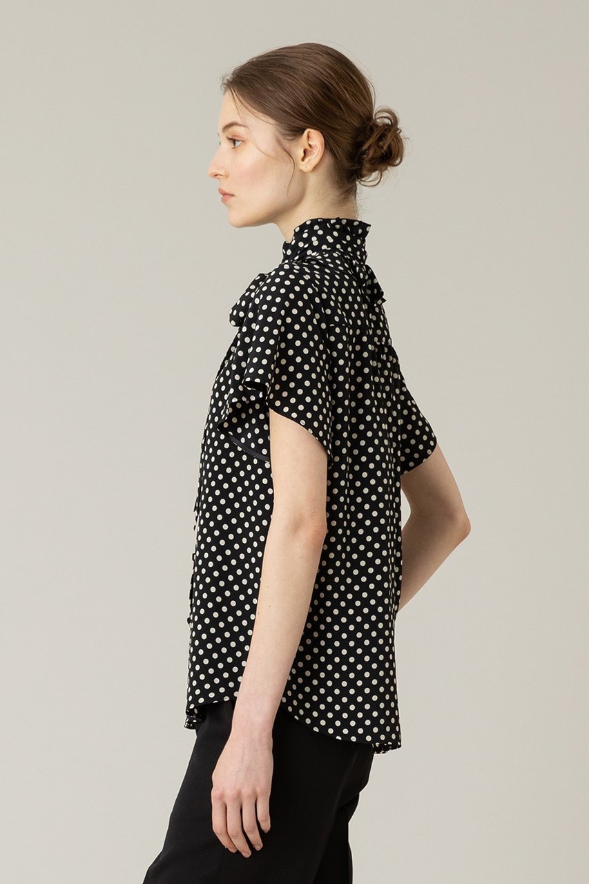 【アルアバイル/allureville】の【Loulou Willoughby】デシンドットフレアスリーブBL A 人気、トレンドファッション・服の通販 founy(ファニー) 　ファッション　Fashion　レディースファッション　Fashion for Women　トップス・カットソー　Cut & Sew Tops　シャツ・ブラウス・オフィスカジュアル　Elegant Blouses & Button-Ups　ショート　Short, Short Length　スタンド　Stand Collar, Upright Stand　スリーブ　Sleeve, Long Sleeve / Short Sleeve　ドット　Polka Dot, Dot Pattern　フリル　Frill, Ruffle　フレア　Flare, Flared　リボン　Ribbon, Bow　エレガント 上品　Elegant　定番　Standard, Basic Item　other-8|ID: prp329100003963568 ipo3291000000032910152