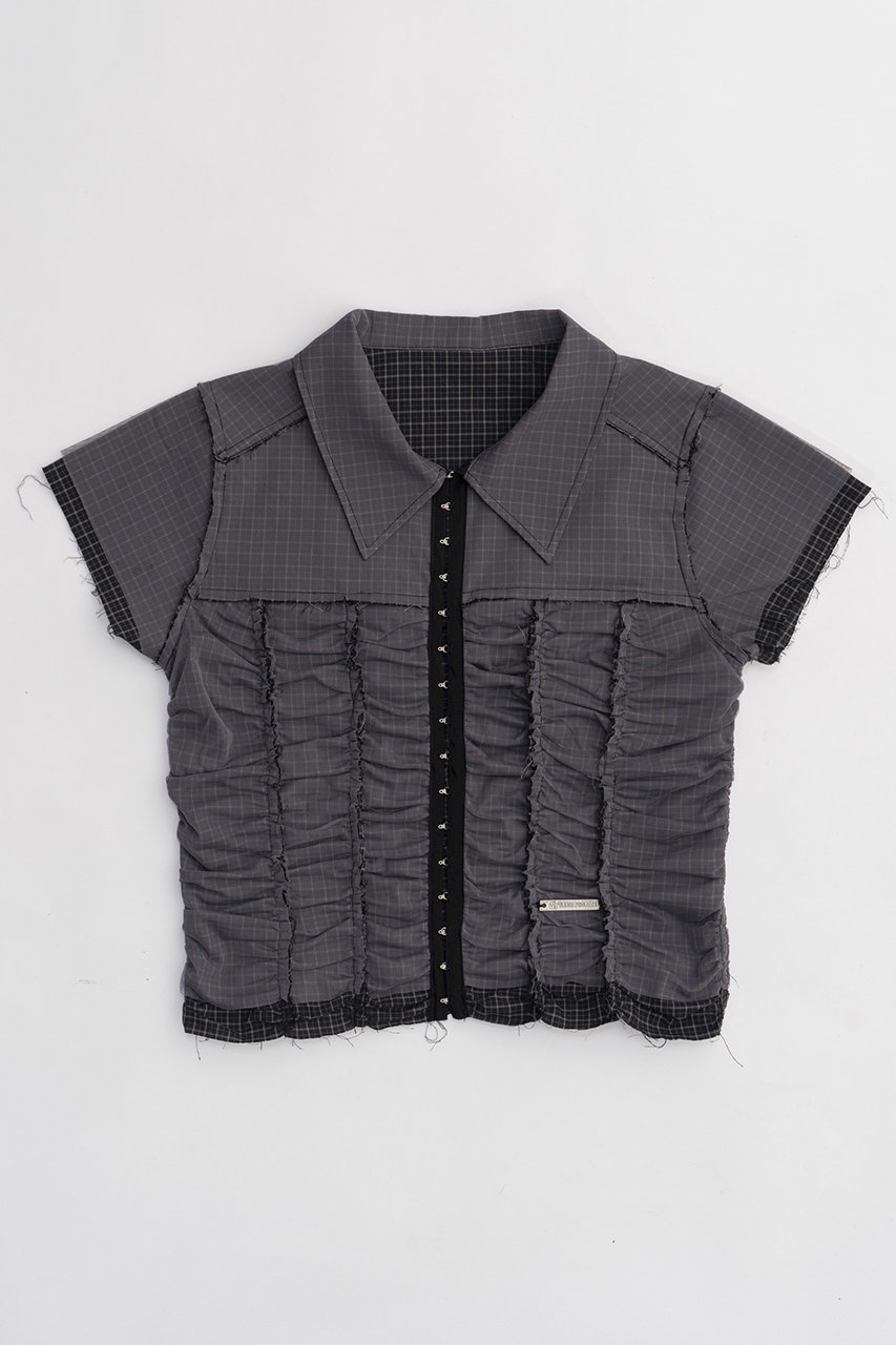 【プランク プロジェクト/PRANK PROJECT】のリバーシブルシアーレイヤードチェックシャツ / Reversible Sheer Layered Check Shirt インテリア・キッズ・メンズ・レディースファッション・服の通販 founy(ファニー) 　ファッション　Fashion　レディースファッション　Fashion for Women　トップス・カットソー　Cut & Sew Tops　シャツ・ブラウス・オフィスカジュアル　Elegant Blouses & Button-Ups　オーガニック　Organic Cotton　ギャザー　Gathered, Ruffled　コンパクト　Compact, Small Size　シアー　Sheer, See-Through　ショート　Short, Short Length　シンプル　Simple, Minimal　スリーブ　Sleeve, Long Sleeve / Short Sleeve　チェック　Check, Plaid, Tartan　チュール　Tulip, Tulip Motif　フロント　Front, Front Design　リバーシブル　Reversible, Two-Sided　BLK(ブラック)|ID: prp329100003964945 ipo3291000000032908478