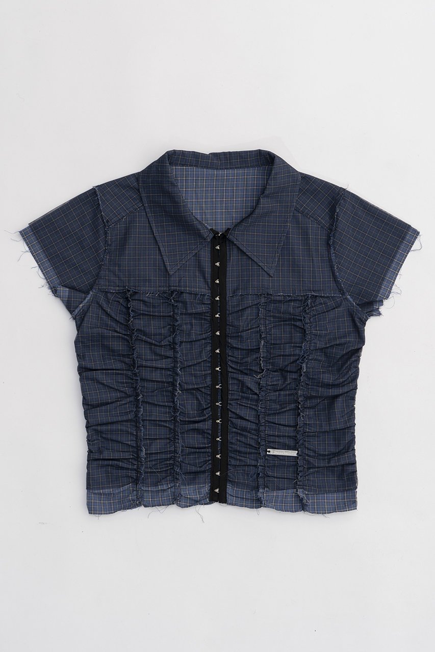【プランク プロジェクト/PRANK PROJECT】のリバーシブルシアーレイヤードチェックシャツ / Reversible Sheer Layered Check Shirt インテリア・キッズ・メンズ・レディースファッション・服の通販 founy(ファニー) 　ファッション　Fashion　レディースファッション　Fashion for Women　トップス・カットソー　Cut & Sew Tops　シャツ・ブラウス・オフィスカジュアル　Elegant Blouses & Button-Ups　オーガニック　Organic Cotton　ギャザー　Gathered, Ruffled　コンパクト　Compact, Small Size　シアー　Sheer, See-Through　ショート　Short, Short Length　シンプル　Simple, Minimal　スリーブ　Sleeve, Long Sleeve / Short Sleeve　チェック　Check, Plaid, Tartan　チュール　Tulip, Tulip Motif　フロント　Front, Front Design　リバーシブル　Reversible, Two-Sided　BLU(ブルー)|ID: prp329100003964945 ipo3291000000032908480