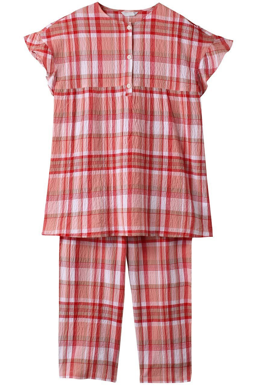 【キッドブルー/KID BLUE】の24シャーリングチェックパジャマ インテリア・キッズ・メンズ・レディースファッション・服の通販 founy(ファニー) 　ファッション　Fashion　レディースファッション　Fashion for Women　シャーリング　Shirring, Ruched　スリーブ　Sleeve, Long Sleeve / Short Sleeve　チェック　Check, Plaid, Tartan　パジャマ　Pajamas, Sleepwear　フェミニン　Feminine, Girly　フリル　Frill, Ruffle　夏　Summer　レッド|ID: prp329100003965034 ipo3291000000032833888