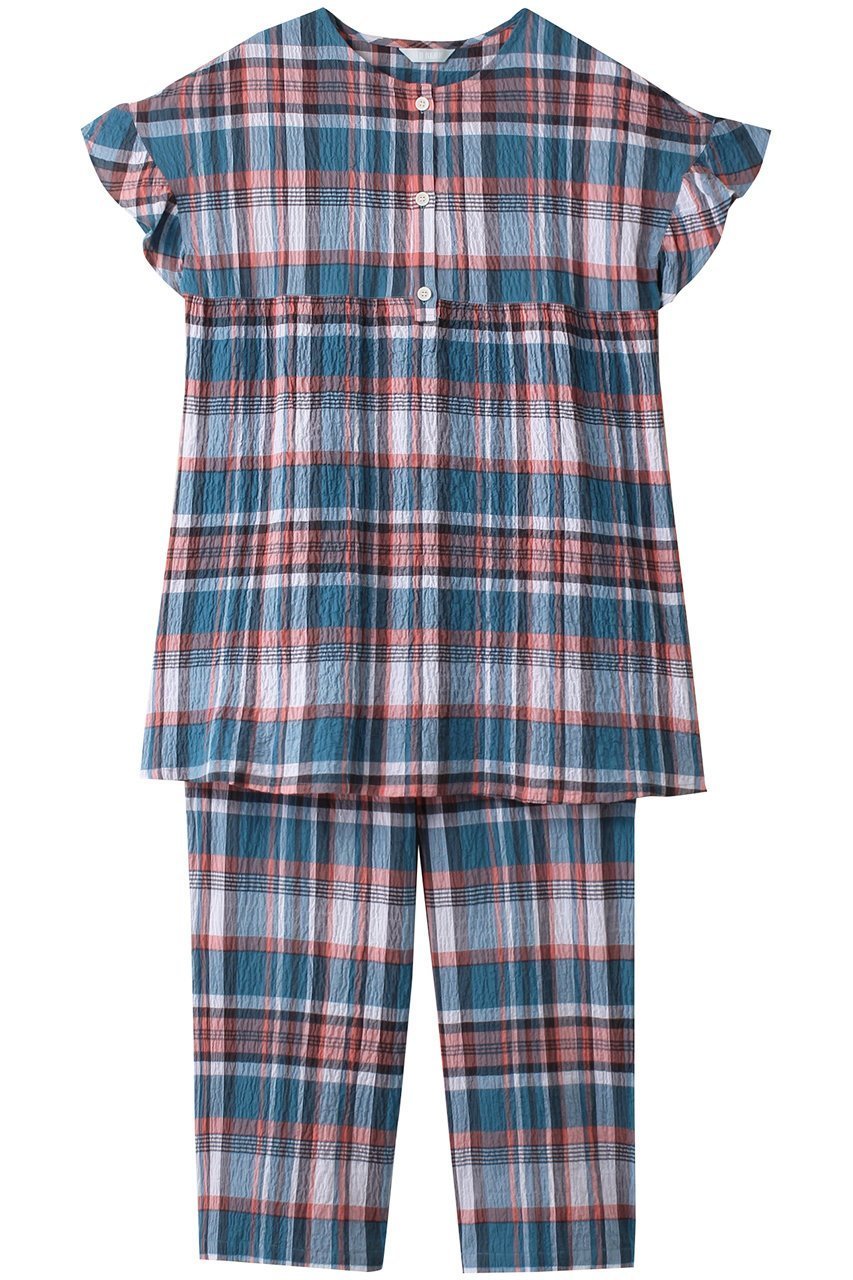 【キッドブルー/KID BLUE】の24シャーリングチェックパジャマ インテリア・キッズ・メンズ・レディースファッション・服の通販 founy(ファニー) 　ファッション　Fashion　レディースファッション　Fashion for Women　シャーリング　Shirring, Ruched　スリーブ　Sleeve, Long Sleeve / Short Sleeve　チェック　Check, Plaid, Tartan　パジャマ　Pajamas, Sleepwear　フェミニン　Feminine, Girly　フリル　Frill, Ruffle　夏　Summer　ブルー|ID: prp329100003965034 ipo3291000000032833890