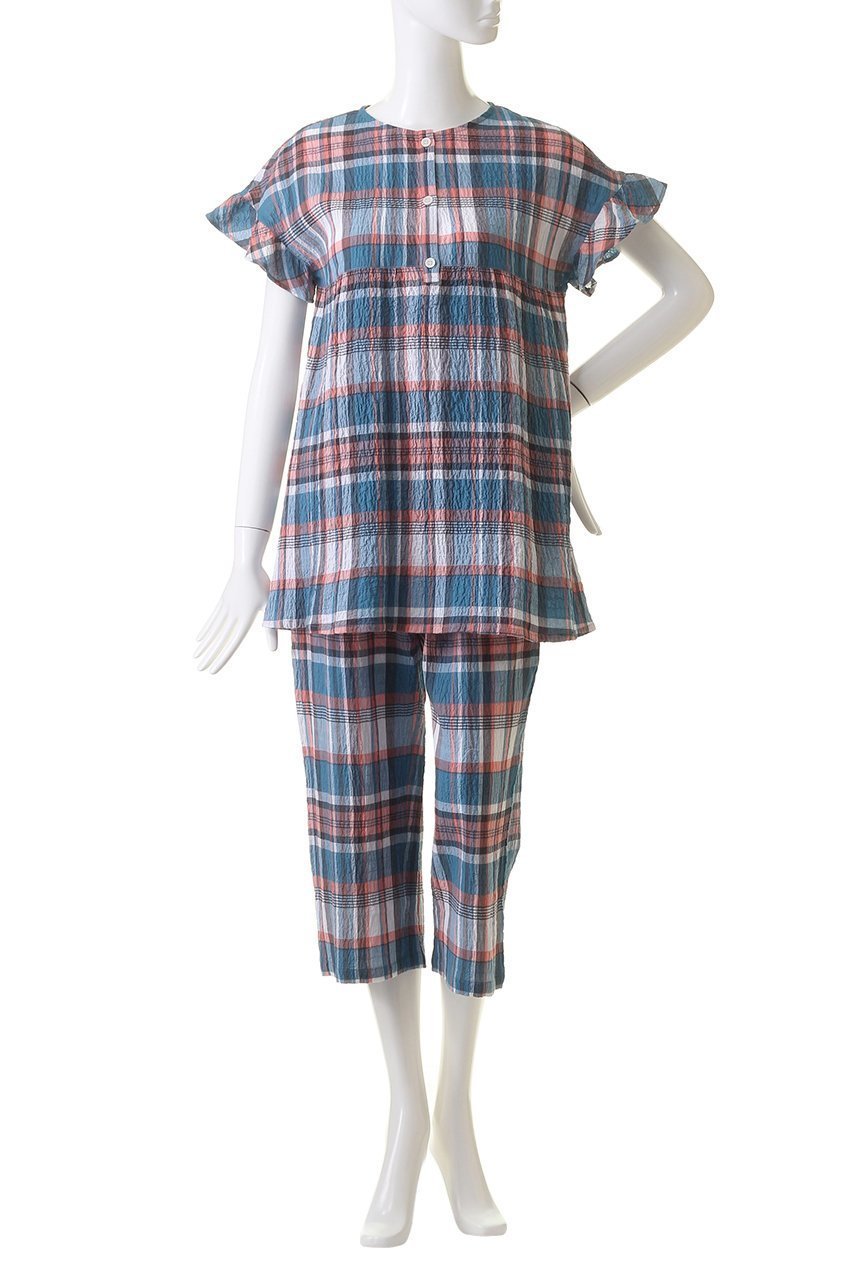 【キッドブルー/KID BLUE】の24シャーリングチェックパジャマ 人気、トレンドファッション・服の通販 founy(ファニー) 　ファッション　Fashion　レディースファッション　Fashion for Women　シャーリング　Shirring, Ruched　スリーブ　Sleeve, Long Sleeve / Short Sleeve　チェック　Check, Plaid, Tartan　パジャマ　Pajamas, Sleepwear　フェミニン　Feminine, Girly　フリル　Frill, Ruffle　夏　Summer　other-2|ID: prp329100003965034 ipo3291000000032833891