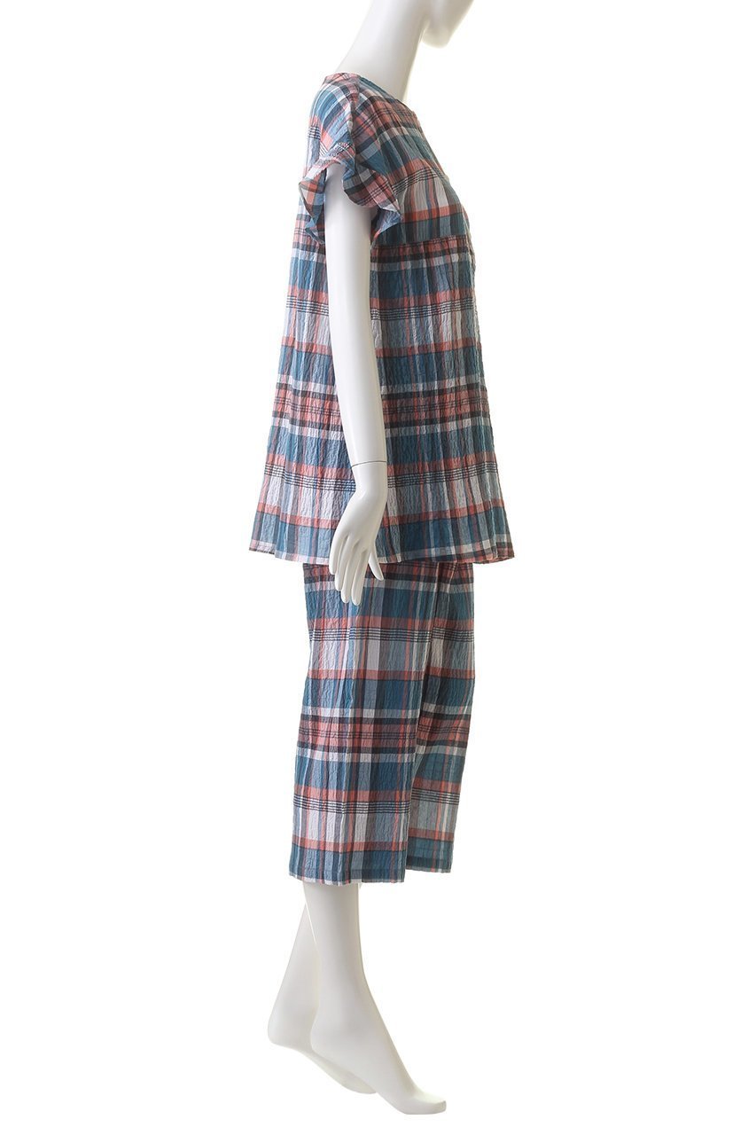 【キッドブルー/KID BLUE】の24シャーリングチェックパジャマ 人気、トレンドファッション・服の通販 founy(ファニー) 　ファッション　Fashion　レディースファッション　Fashion for Women　シャーリング　Shirring, Ruched　スリーブ　Sleeve, Long Sleeve / Short Sleeve　チェック　Check, Plaid, Tartan　パジャマ　Pajamas, Sleepwear　フェミニン　Feminine, Girly　フリル　Frill, Ruffle　夏　Summer　other-3|ID: prp329100003965034 ipo3291000000032833892