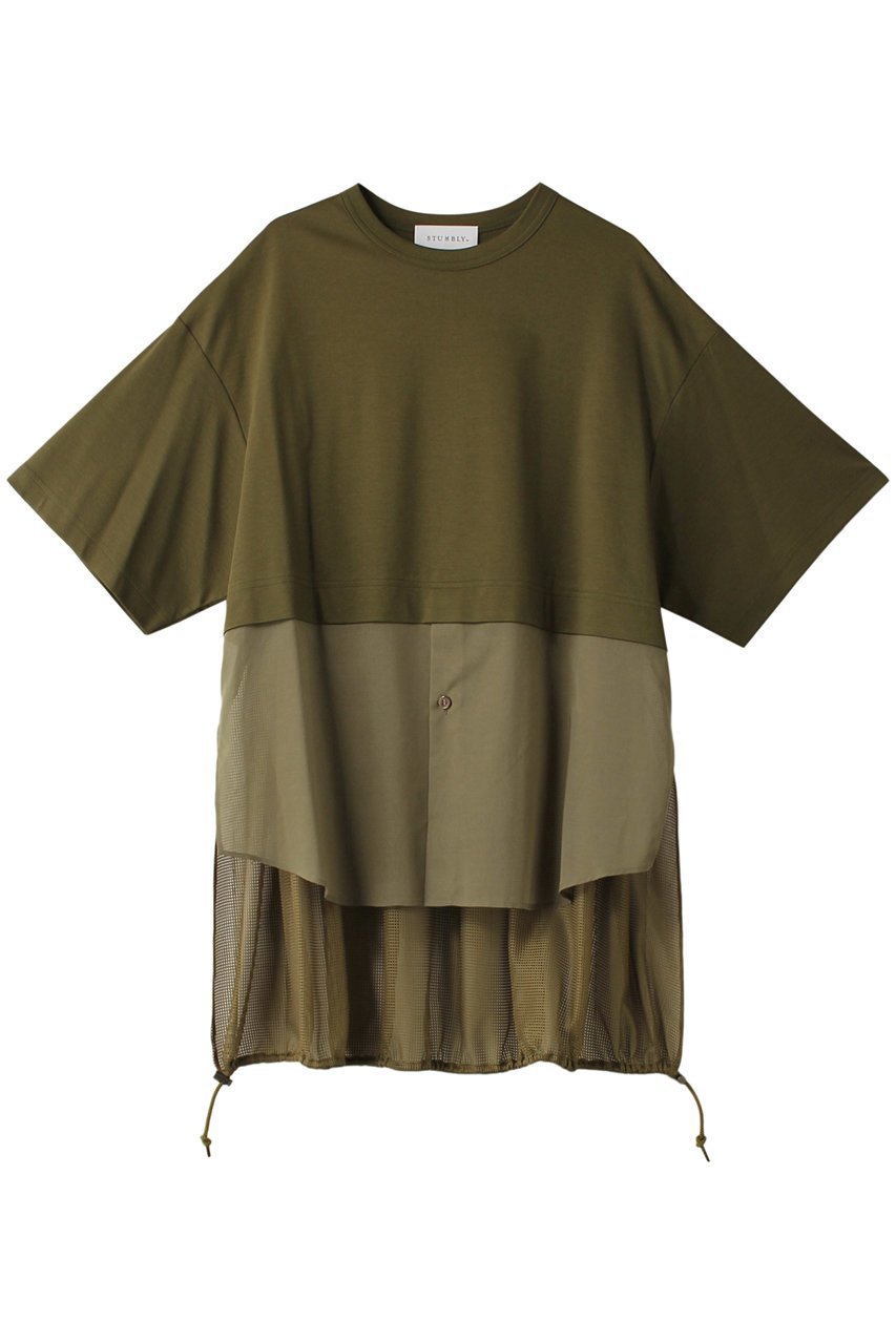 【ヒューエルミュージアム/hueLe Museum】の【STUMBLY】ミックスファブリックコンビTシャツ インテリア・キッズ・メンズ・レディースファッション・服の通販 founy(ファニー) 　ファッション　Fashion　レディースファッション　Fashion for Women　トップス・カットソー　Cut & Sew Tops　シャツ・ブラウス・オフィスカジュアル　Elegant Blouses & Button-Ups　ロングTシャツ・Tシャツ　Longline T-Shirts & Tees　カットソー・ベーシックTシャツ　Cut-and-Sewn Tops / Stretch Tees & Basics　ショート　Short, Short Length　スリーブ　Sleeve, Long Sleeve / Short Sleeve　ハーフ　Half, Half-Length　カーキ|ID: prp329100003975052 ipo3291000000036777974