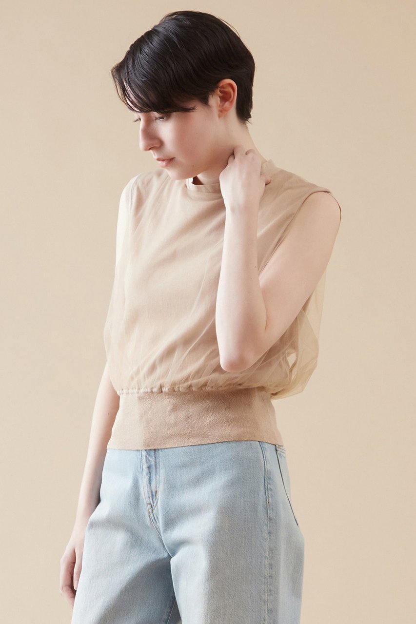 【マルティニーク/martinique】のチュールコンビノースリニット 人気、トレンドファッション・服の通販 founy(ファニー) 　ファッション　Fashion　レディースファッション　Fashion for Women　トップス・カットソー　Cut & Sew Tops　ニット　Knit Tops & Sweaters　カジュアルプルオーバー・ニットトップス　Pullovers & Knit Tops / Casual Pullovers　おすすめ　Recommended / Our Picks　コンビ　Combo, Combination Style　シアー　Sheer, See-Through　シンプル　Simple, Minimal　チュール　Tulip, Tulip Motif　夏　Summer　other-2|ID: prp329100003976669 ipo3291000000035042278