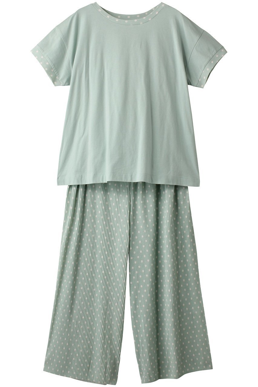 【キッドブルー/KID BLUE】のプリーツドットPtパジャマ インテリア・キッズ・メンズ・レディースファッション・服の通販 founy(ファニー) 　ファッション　Fashion　レディースファッション　Fashion for Women　スリーブ　Sleeve, Long Sleeve / Short Sleeve　ドット　Polka Dot, Dot Pattern　ハーフ　Half, Half-Length　パジャマ　Pajamas, Sleepwear　プリント　Print, Printed Pattern　プリーツ　Pleats, Pleated　ベーシック　Basic, Essential　リラックス　Relax, Relaxed Fit　ユーカリ|ID: prp329100003988759 ipo3291000000032835141