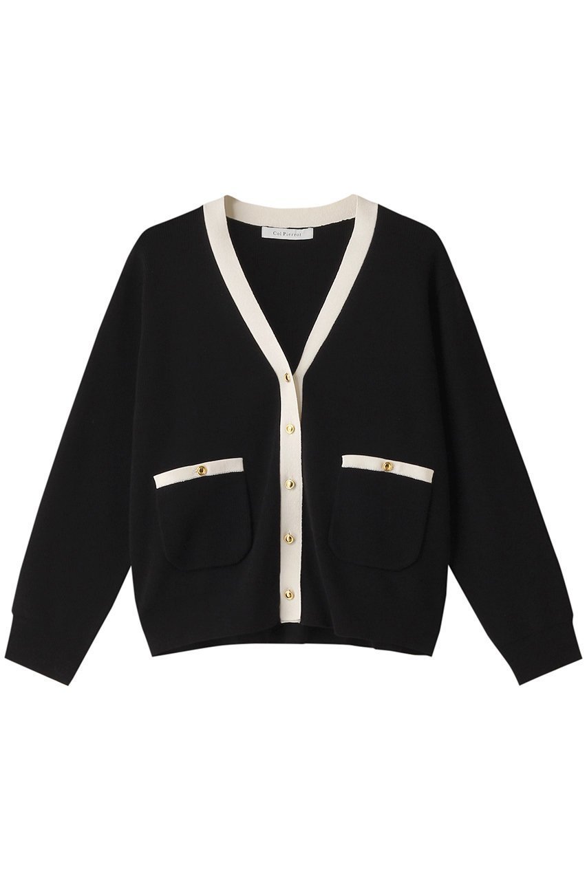 【コルピエロ/Col Pierrot】の【ELLE SHOP限定】バイカラーカーディガン インテリア・キッズ・メンズ・レディースファッション・服の通販 founy(ファニー) ファッション Fashion レディースファッション Fashion for Women トップス・カットソー Cut & Sew Tops ニット Knit Tops & Sweaters カーディガン・羽織り Layered Style Cardigans カーディガン Cardigan, Knitwear コンパクト Compact, Small Size シンプル Simple, Minimal デニム Denim, Jeans Material バランス Balance, Style Balance ポケット Pocket, Pocket Detail ブラック×ホワイト|ID: prp329100003991878 ipo3291000000036896318