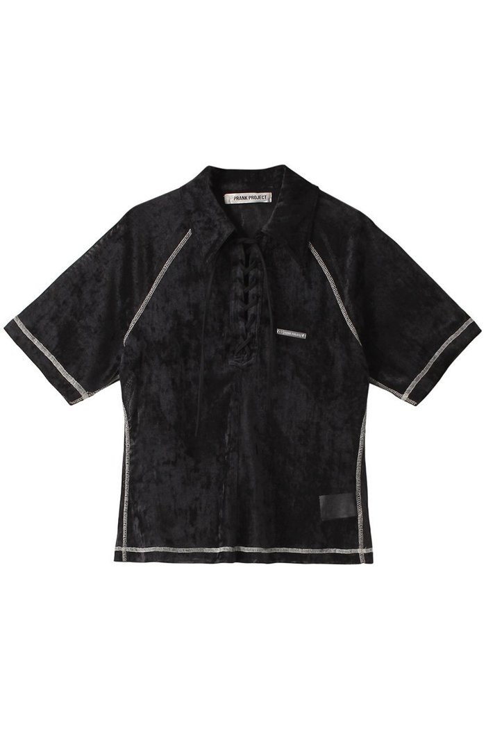 【プランク プロジェクト/PRANK PROJECT】のベロアメッシュレースアップTシャツ / Velor Mesh Lace Up Tshirt インテリア・キッズ・メンズ・レディースファッション・服の通販 founy(ファニー) https://founy.com/ ファッション Fashion レディースファッション Fashion for Women トップス・カットソー Cut & Sew Tops シャツ・ブラウス・オフィスカジュアル Elegant Blouses & Button-Ups ロングTシャツ・Tシャツ Longline T-Shirts & Tees カットソー・ベーシックTシャツ Cut-and-Sewn Tops / Stretch Tees & Basics ベロアトップス Velour Tops / Velvet-Look Items コンパクト Compact, Small Size ショート Short, Short Length スリーブ Sleeve, Long Sleeve / Short Sleeve フィット Fit, Slim Fit ベロア Velour, Soft Velvet ポロシャツ Polo Shirt, Collared Tee メッシュ Mesh, Net Fabric レース Lace, Lace Fabric 夏 Summer |ID: prp329100003998453 ipo3291000000032924316