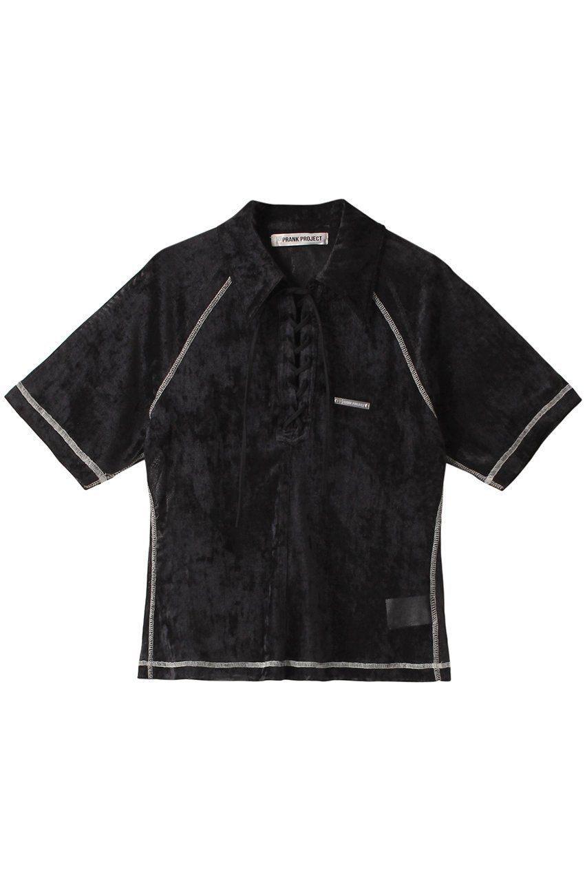 【プランク プロジェクト/PRANK PROJECT】のベロアメッシュレースアップTシャツ / Velor Mesh Lace Up Tshirt インテリア・キッズ・メンズ・レディースファッション・服の通販 founy(ファニー) 　ファッション　Fashion　レディースファッション　Fashion for Women　トップス・カットソー　Cut & Sew Tops　シャツ・ブラウス・オフィスカジュアル　Elegant Blouses & Button-Ups　ロングTシャツ・Tシャツ　Longline T-Shirts & Tees　カットソー・ベーシックTシャツ　Cut-and-Sewn Tops / Stretch Tees & Basics　ベロアトップス　Velour Tops / Velvet-Look Items　コンパクト　Compact, Small Size　ショート　Short, Short Length　スリーブ　Sleeve, Long Sleeve / Short Sleeve　フィット　Fit, Slim Fit　ベロア　Velour, Soft Velvet　ポロシャツ　Polo Shirt, Collared Tee　メッシュ　Mesh, Net Fabric　レース　Lace, Lace Fabric　夏　Summer　BLK(ブラック)|ID: prp329100003998453 ipo3291000000032924323