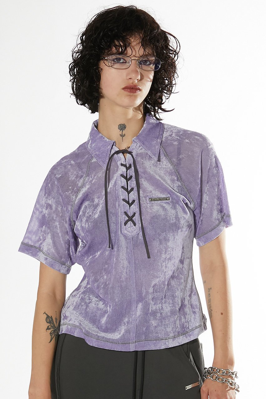 【プランク プロジェクト/PRANK PROJECT】のベロアメッシュレースアップTシャツ / Velor Mesh Lace Up Tshirt 人気、トレンドファッション・服の通販 founy(ファニー) 　ファッション　Fashion　レディースファッション　Fashion for Women　トップス・カットソー　Cut & Sew Tops　シャツ・ブラウス・オフィスカジュアル　Elegant Blouses & Button-Ups　ロングTシャツ・Tシャツ　Longline T-Shirts & Tees　カットソー・ベーシックTシャツ　Cut-and-Sewn Tops / Stretch Tees & Basics　ベロアトップス　Velour Tops / Velvet-Look Items　コンパクト　Compact, Small Size　ショート　Short, Short Length　スリーブ　Sleeve, Long Sleeve / Short Sleeve　フィット　Fit, Slim Fit　ベロア　Velour, Soft Velvet　ポロシャツ　Polo Shirt, Collared Tee　メッシュ　Mesh, Net Fabric　レース　Lace, Lace Fabric　夏　Summer　other-7|ID: prp329100003998453 ipo3291000000035837376