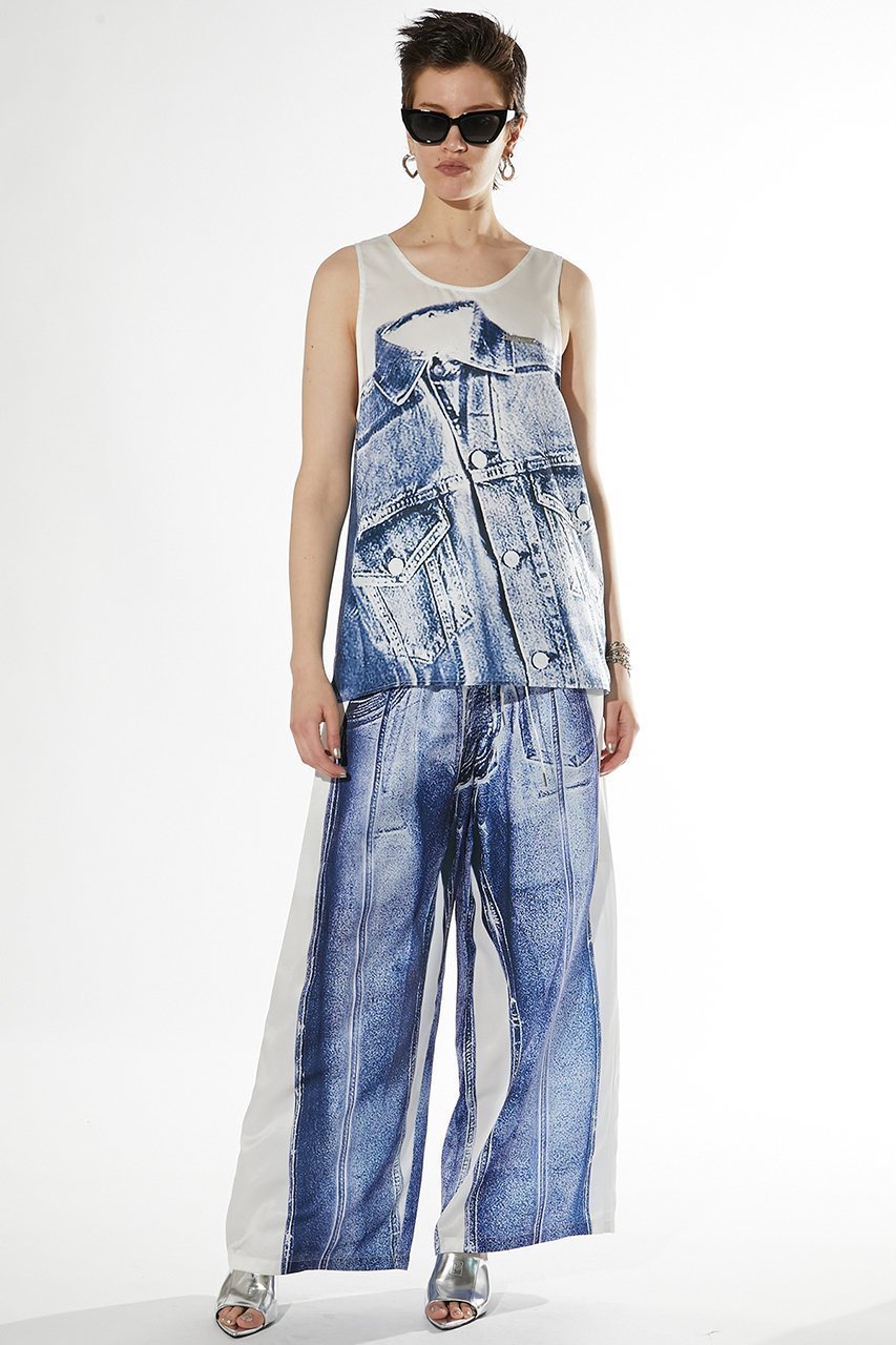 【プランク プロジェクト/PRANK PROJECT】のデニムプリントタンク / Denim Print Tank 人気、トレンドファッション・服の通販 founy(ファニー) 　ファッション　Fashion　レディースファッション　Fashion for Women　トップス・カットソー　Cut & Sew Tops　キャミソール&ノースリーブ　Camisoles & Sleeveless Tops　シャツ・ブラウス・オフィスカジュアル　Elegant Blouses & Button-Ups　ロングTシャツ・Tシャツ　Longline T-Shirts & Tees　カットソー・ベーシックTシャツ　Cut-and-Sewn Tops / Stretch Tees & Basics　おすすめ　Recommended / Our Picks　キャミソール　Camisole, Spaghetti Strap Top　クール　Cool, Chic　サテン　Satin, Glossy Fabric　ジャケット　Jacket, Outerwear　セットアップ　Set-Up, Coordinated Outfit　タンク　Tank Top, Sleeveless Top　デニム　Denim, Jeans Material　プリント　Print, Printed Pattern　リアル　Real, Realistic　other-7|ID: prp329100003998454 ipo3291000000032912844