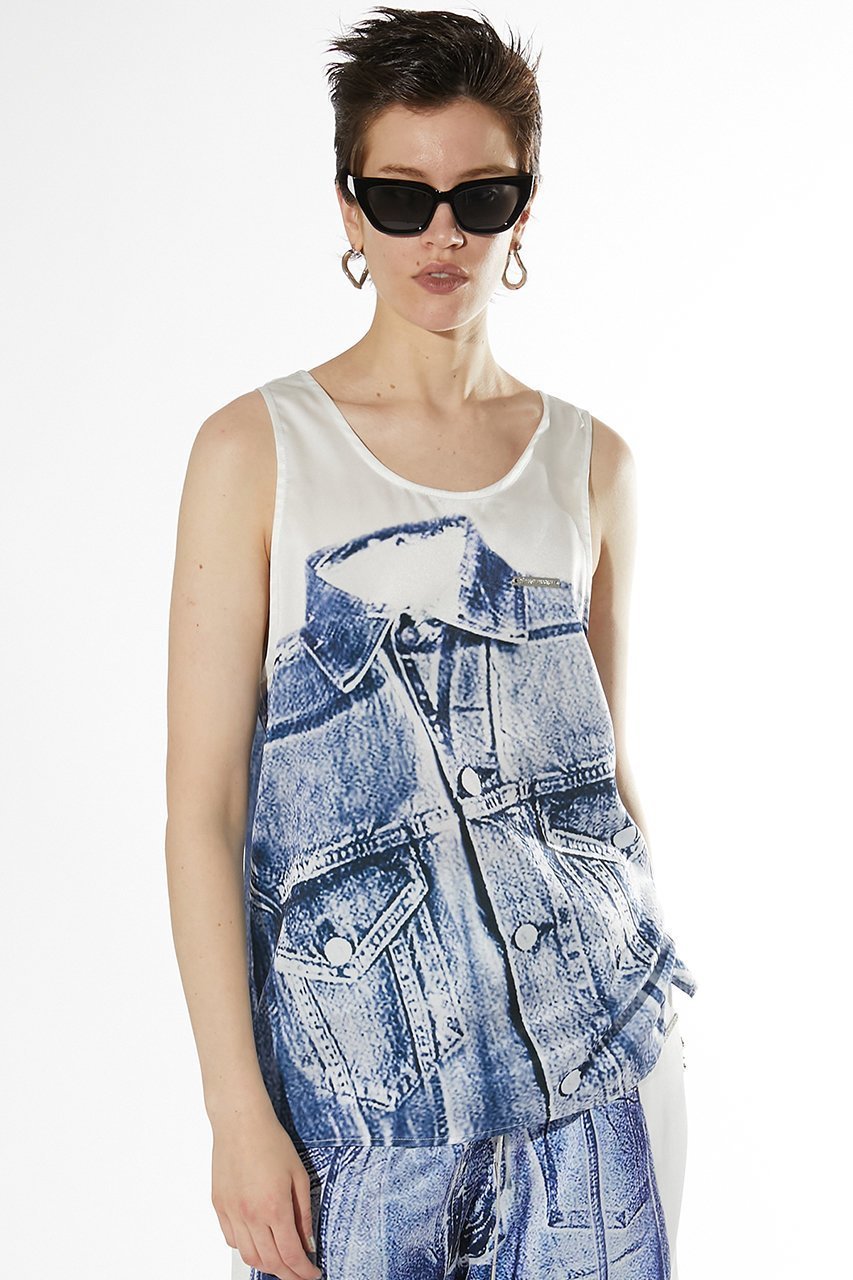 【プランク プロジェクト/PRANK PROJECT】のデニムプリントタンク / Denim Print Tank 人気、トレンドファッション・服の通販 founy(ファニー) 　ファッション　Fashion　レディースファッション　Fashion for Women　トップス・カットソー　Cut & Sew Tops　キャミソール&ノースリーブ　Camisoles & Sleeveless Tops　シャツ・ブラウス・オフィスカジュアル　Elegant Blouses & Button-Ups　ロングTシャツ・Tシャツ　Longline T-Shirts & Tees　カットソー・ベーシックTシャツ　Cut-and-Sewn Tops / Stretch Tees & Basics　おすすめ　Recommended / Our Picks　キャミソール　Camisole, Spaghetti Strap Top　クール　Cool, Chic　サテン　Satin, Glossy Fabric　ジャケット　Jacket, Outerwear　セットアップ　Set-Up, Coordinated Outfit　タンク　Tank Top, Sleeveless Top　デニム　Denim, Jeans Material　プリント　Print, Printed Pattern　リアル　Real, Realistic　other-8|ID: prp329100003998454 ipo3291000000032912851
