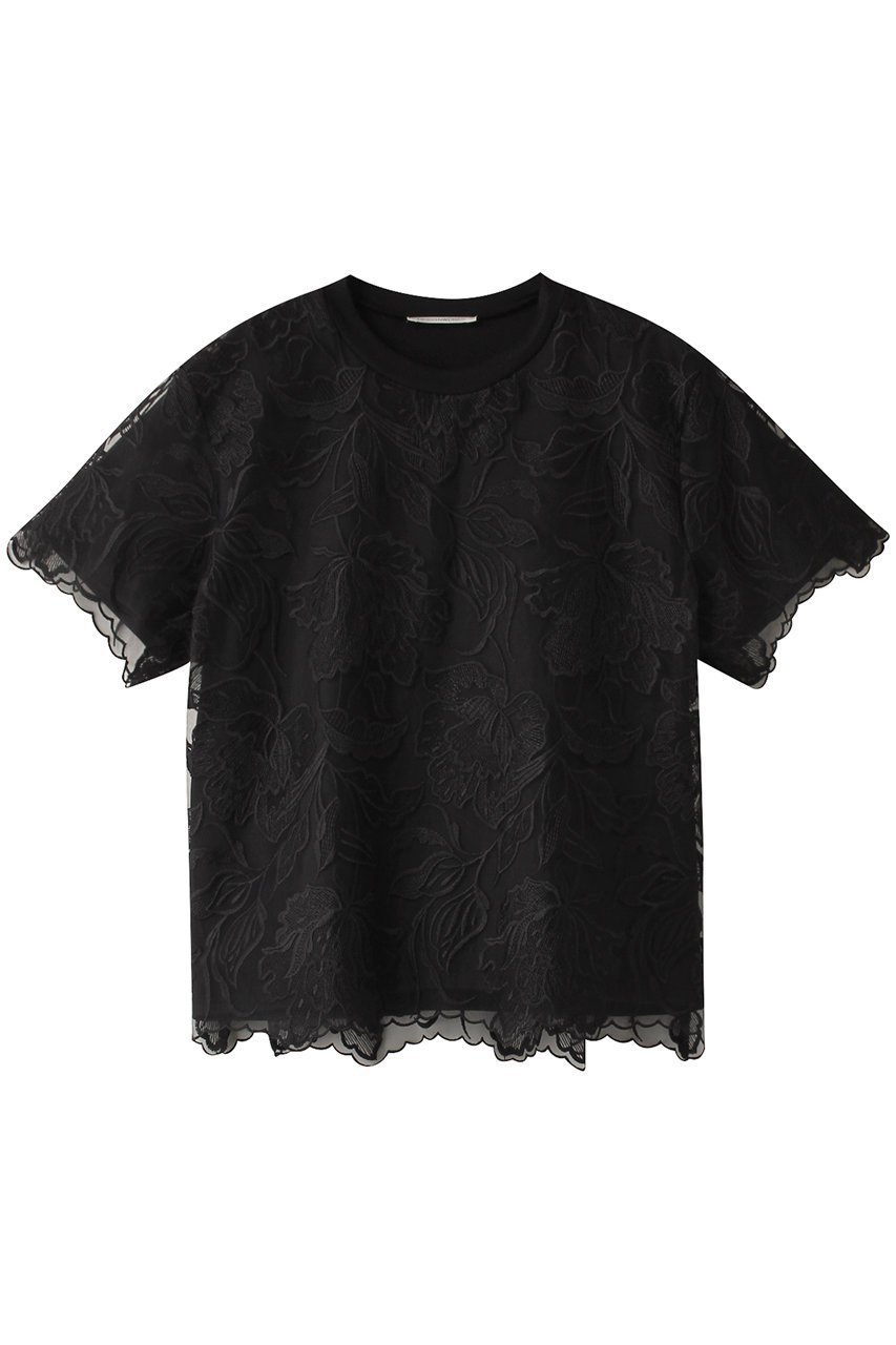 【デザイン ワークス/DESIGN WORKS】のレース刺しゅうTシャツ インテリア・キッズ・メンズ・レディースファッション・服の通販 founy(ファニー) 　ファッション　Fashion　レディースファッション　Fashion for Women　トップス・カットソー　Cut & Sew Tops　シャツ・ブラウス・オフィスカジュアル　Elegant Blouses & Button-Ups　ロングTシャツ・Tシャツ　Longline T-Shirts & Tees　カットソー・ベーシックTシャツ　Cut-and-Sewn Tops / Stretch Tees & Basics　カットソー　Cut and Sewn Top　コンビ　Combo, Combination Style　ショート　Short, Short Length　シンプル　Simple, Minimal　スリーブ　Sleeve, Long Sleeve / Short Sleeve　ボトム　Bottoms, Lower Wear　レース　Lace, Lace Fabric　ブラック|ID: prp329100004003823 ipo3291000000035791919