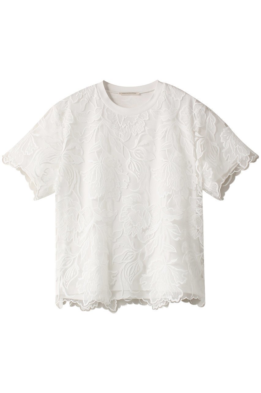【デザイン ワークス/DESIGN WORKS】のレース刺しゅうTシャツ インテリア・キッズ・メンズ・レディースファッション・服の通販 founy(ファニー) 　ファッション　Fashion　レディースファッション　Fashion for Women　トップス・カットソー　Cut & Sew Tops　シャツ・ブラウス・オフィスカジュアル　Elegant Blouses & Button-Ups　ロングTシャツ・Tシャツ　Longline T-Shirts & Tees　カットソー・ベーシックTシャツ　Cut-and-Sewn Tops / Stretch Tees & Basics　カットソー　Cut and Sewn Top　コンビ　Combo, Combination Style　ショート　Short, Short Length　シンプル　Simple, Minimal　スリーブ　Sleeve, Long Sleeve / Short Sleeve　ボトム　Bottoms, Lower Wear　レース　Lace, Lace Fabric　ホワイト|ID: prp329100004003823 ipo3291000000035791920