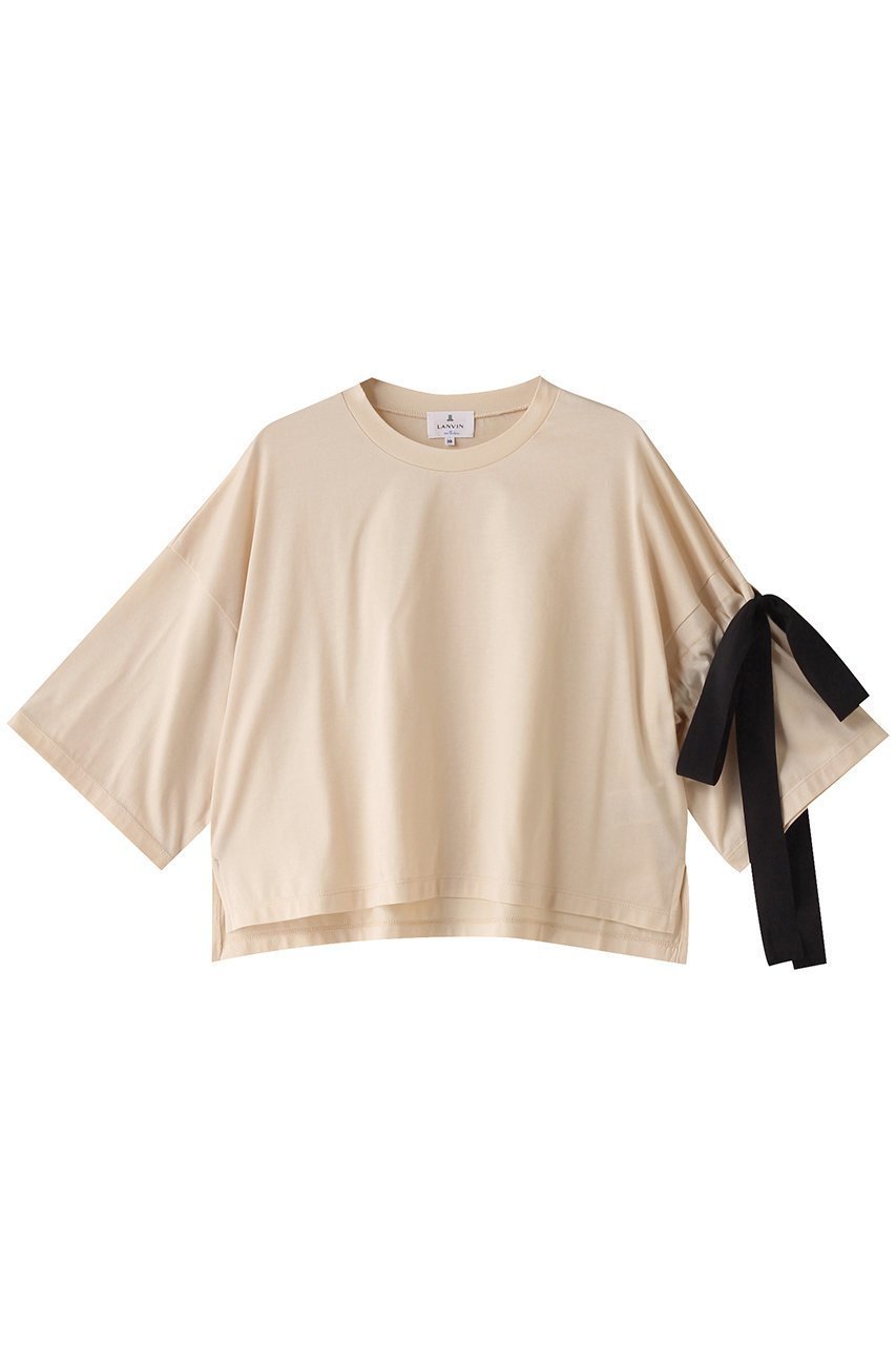 【ランバン オン ブルー/LANVIN en Bleu】のリボンTシャツ インテリア・キッズ・メンズ・レディースファッション・服の通販 founy(ファニー) 　ファッション　Fashion　レディースファッション　Fashion for Women　トップス・カットソー　Cut & Sew Tops　シャツ・ブラウス・オフィスカジュアル　Elegant Blouses & Button-Ups　ロングTシャツ・Tシャツ　Longline T-Shirts & Tees　カットソー・ベーシックTシャツ　Cut-and-Sewn Tops / Stretch Tees & Basics　ショート　Short, Short Length　シンプル　Simple, Minimal　スリット　Slit, Slit Detail　スリーブ　Sleeve, Long Sleeve / Short Sleeve　リボン　Ribbon, Bow　ベージュ|ID: prp329100004010218 ipo3291000000032929027
