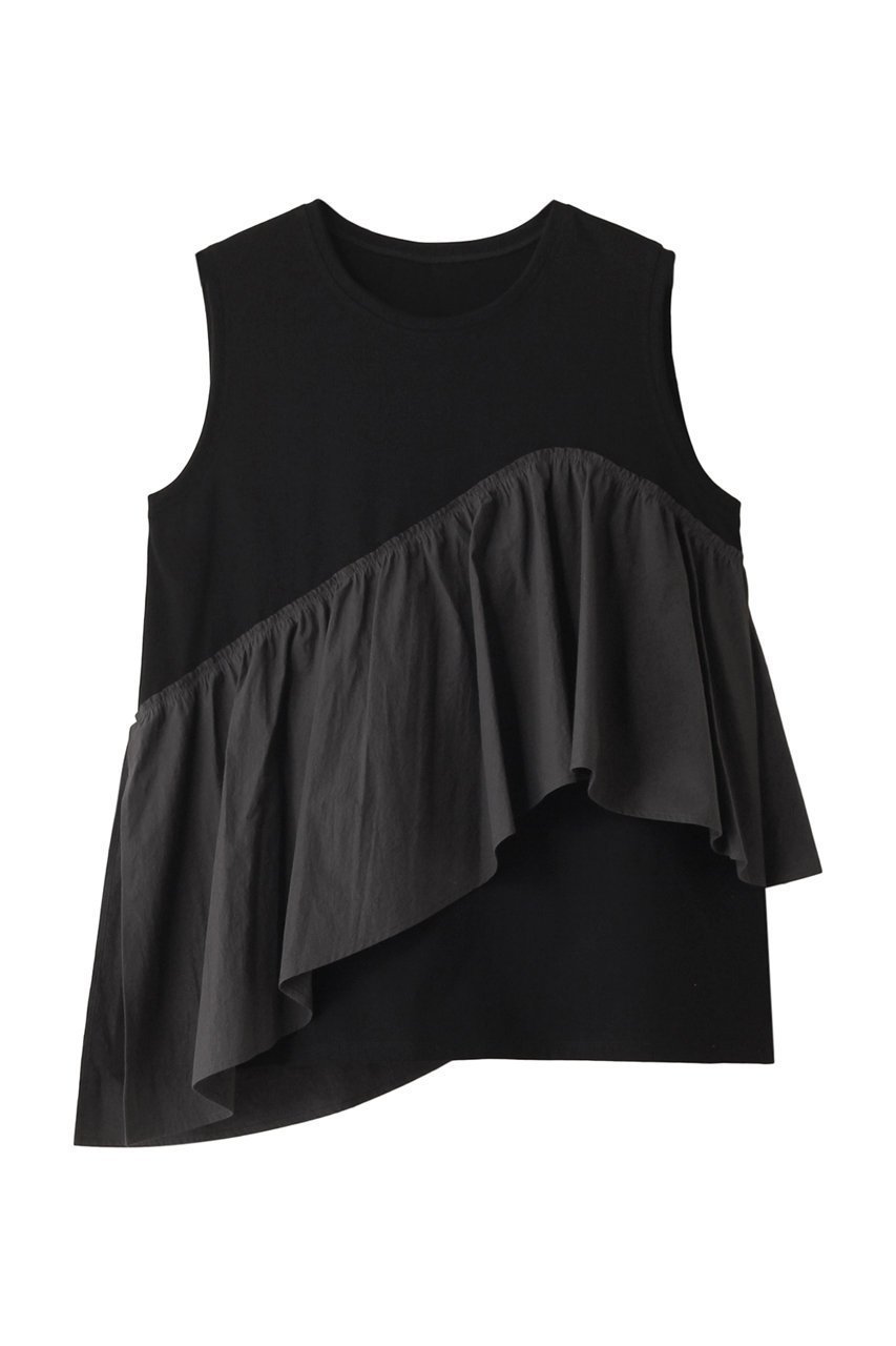【プレインピープル/PLAIN PEOPLE】の60/2シルケット天竺×織姫炊き2ドッキングプルオーバー インテリア・キッズ・メンズ・レディースファッション・服の通販 founy(ファニー) 　ファッション　Fashion　レディースファッション　Fashion for Women　トップス・カットソー　Cut & Sew Tops　キャミソール&ノースリーブ　Camisoles & Sleeveless Tops　シャツ・ブラウス・オフィスカジュアル　Elegant Blouses & Button-Ups　カジュアルプルオーバー・ニットトップス　Pullovers & Knit Tops / Casual Pullovers　シルケット　Silket, Silky Cotton　タイプライター　Typewriter Fabric, Crisp Cotton　ドッキング　Docking, Mixed Material　ノースリーブ　Sleeveless, No-Sleeve　ボトム　Bottoms, Lower Wear　ラッフル　Ruffle, Frill　ブラック|ID: prp329100004013631 ipo3291000000032901429