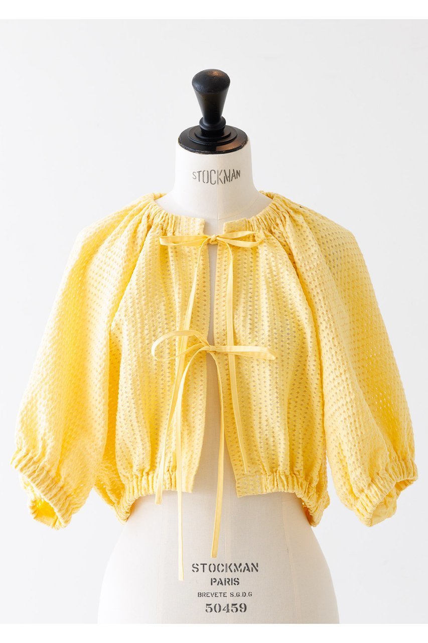 【デザイン ワークス/DESIGN WORKS】の【BEAUVET】コットンメッシュボレロ インテリア・キッズ・メンズ・レディースファッション・服の通販 founy(ファニー) 　ファッション　Fashion　レディースファッション　Fashion for Women　トップス・カットソー　Cut & Sew Tops　ニット　Knit Tops & Sweaters　カーディガン・羽織り　Layered Style Cardigans　カーディガン　Cardigan, Knitwear　ショート　Short, Short Length　フェミニン　Feminine, Girly　フォルム　Silhouette, Form　フロント　Front, Front Design　ボレロ　Bolero, Short Cardigan　リボン　Ribbon, Bow　羽織　Haori, Light Jacket　イエロー|ID: prp329100004020609 ipo3291000000032943093