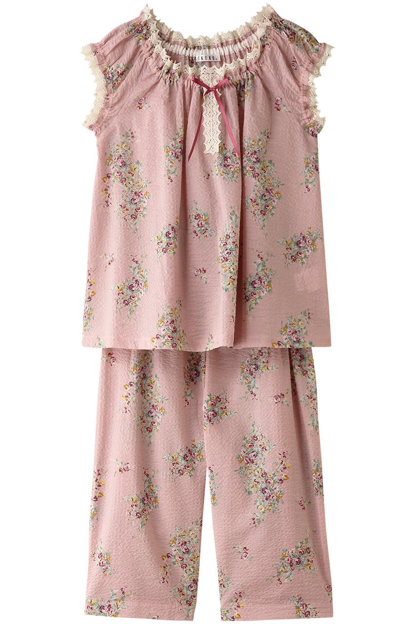 【イクコ/IKUKO】のリップル花柄プリント パフスリーブパジャマ インテリア・キッズ・メンズ・レディースファッション・服の通販 founy(ファニー) 　ファッション　Fashion　レディースファッション　Fashion for Women　サマー　Summer, Summer Style　スリーブ　Sleeve, Long Sleeve / Short Sleeve　パジャマ　Pajamas, Sleepwear　プリント　Print, Printed Pattern　リボン　Ribbon, Bow　レース　Lace, Lace Fabric　ピンク|ID: prp329100004031770 ipo3291000000032834988