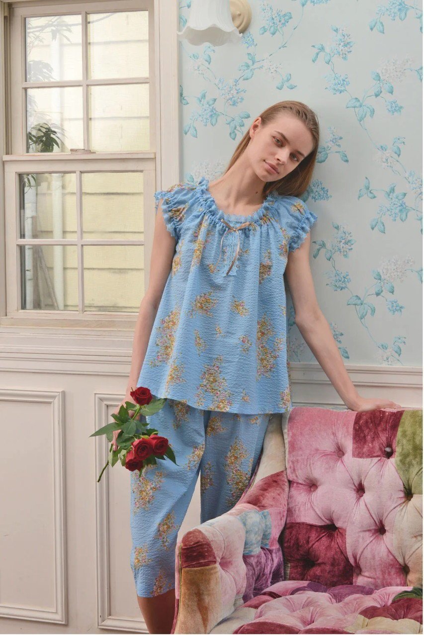【イクコ/IKUKO】のリップル花柄プリント パフスリーブパジャマ 人気、トレンドファッション・服の通販 founy(ファニー) 　ファッション　Fashion　レディースファッション　Fashion for Women　サマー　Summer, Summer Style　スリーブ　Sleeve, Long Sleeve / Short Sleeve　パジャマ　Pajamas, Sleepwear　プリント　Print, Printed Pattern　リボン　Ribbon, Bow　レース　Lace, Lace Fabric　other-7|ID: prp329100004031770 ipo3291000000032834994