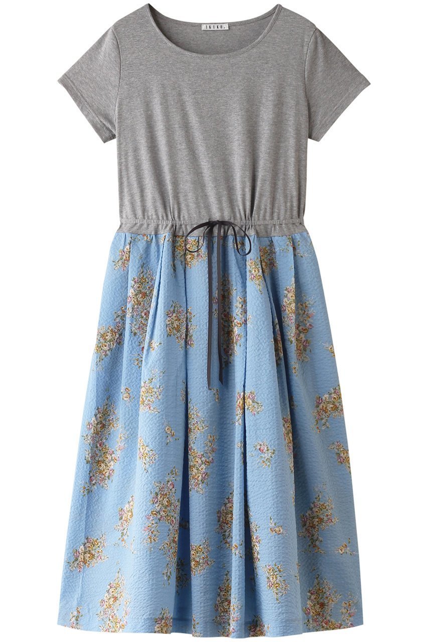 【イクコ/IKUKO】のソフト天竺&リップル花柄プリント ルームワンピース インテリア・キッズ・メンズ・レディースファッション・服の通販 founy(ファニー) 　ファッション　Fashion　レディースファッション　Fashion for Women　ワンピース　Dresses　お家時間・ステイホーム　Stay Home / At Home　ショート　Short, Short Length　スリーブ　Sleeve, Long Sleeve / Short Sleeve　パジャマ　Pajamas, Sleepwear　プリント　Print, Printed Pattern　ブルー|ID: prp329100004031771 ipo3291000000032834997