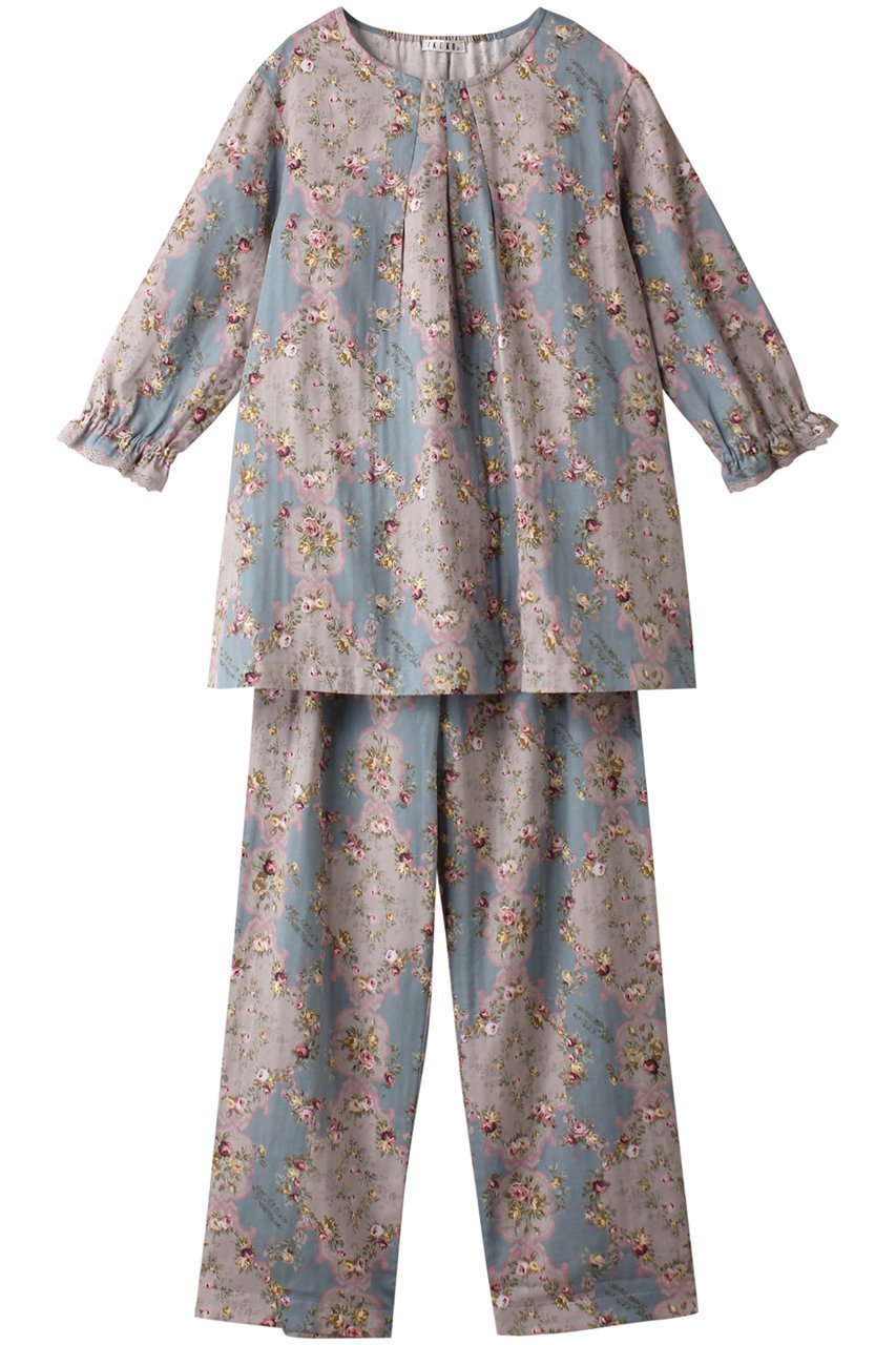 【イクコ/IKUKO】のダブルガーゼ花柄プリント 七分袖パジャマ インテリア・キッズ・メンズ・レディースファッション・服の通販 founy(ファニー) 　ファッション　Fashion　レディースファッション　Fashion for Women　トップス・カットソー　Cut & Sew Tops　花柄・フラワープリント・モチーフ　Floral Prints & Motifs / Flower Pattern Tops　アンティーク　Antique-Inspired　ダブル　Double, Double-Breasted　パジャマ　Pajamas, Sleepwear　フラワー　Flower, Floral　フロント　Front, Front Design　プリント　Print, Printed Pattern　吸水　Absorbent, Quick-Dry　ブルー|ID: prp329100004031772 ipo3291000000032835005