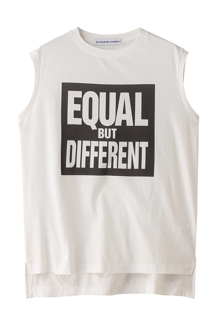 【サードマガジン/THIRD MAGAZINE】の【別注】KATHARINE HAMNETT×TM×mikomori EQUAL BUT DIFERENT SLOGAN ノースリーブTシャツ インテリア・キッズ・メンズ・レディースファッション・服の通販 founy(ファニー) 　ファッション　Fashion　レディースファッション　Fashion for Women　トップス・カットソー　Cut & Sew Tops　キャミソール&ノースリーブ　Camisoles & Sleeveless Tops　シャツ・ブラウス・オフィスカジュアル　Elegant Blouses & Button-Ups　ロングTシャツ・Tシャツ　Longline T-Shirts & Tees　カットソー・ベーシックTシャツ　Cut-and-Sewn Tops / Stretch Tees & Basics　キャミソール　Camisole, Spaghetti Strap Top　タンク　Tank Top, Sleeveless Top　ノースリーブ　Sleeveless, No-Sleeve　ビンテージ　Vintage, Retro Style　モチーフ　Motif, Design Theme　別注　Limited Edition, Custom Order　ホワイト|ID: prp329100004034611 ipo3291000000035892431