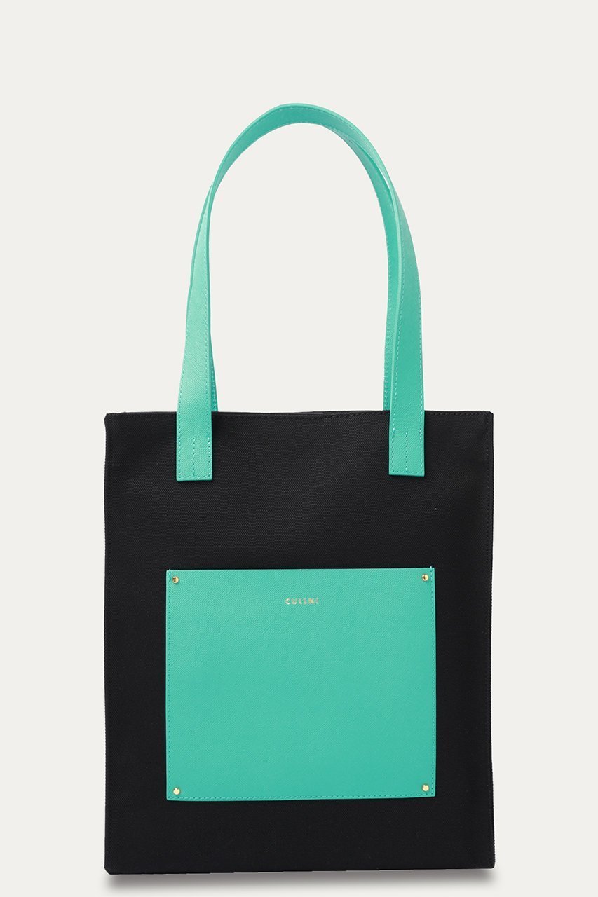 【クルニ/CULLNI】の【UNISEX】Leather Pocket キャンバスミニトートバッグ インテリア・キッズ・メンズ・レディースファッション・服の通販 founy(ファニー) 　ファッション　Fashion　レディースファッション　Fashion for Women　バッグ　Bags　ユニセックス　Unisex, Genderless　トートバッグ　Tote Bag, Large Shoulder Bag　ポケット　Pocket, Pocket Detail　エレガント 上品　Elegant　ブラック×ペイルアクア|ID: prp329100004041882 ipo3291000000032782974