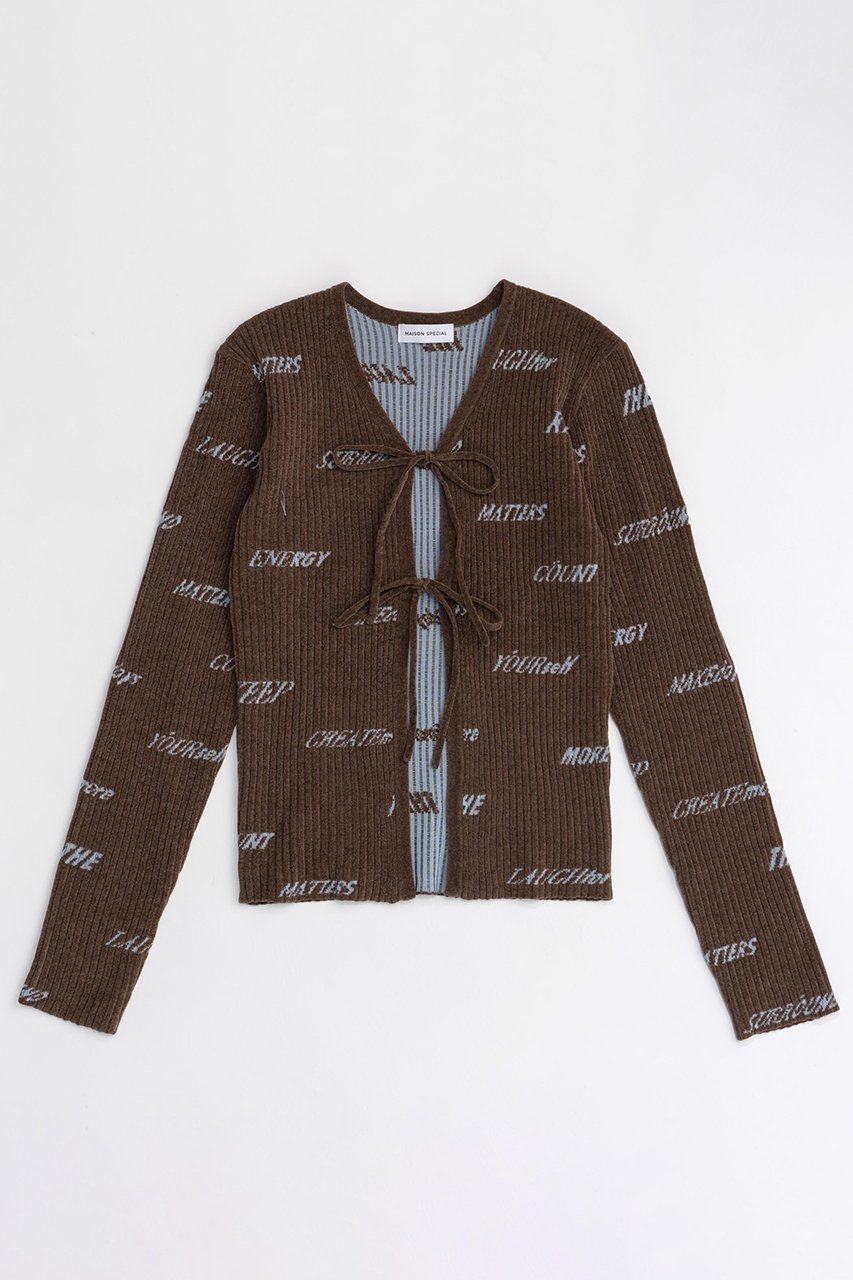 【メゾンスペシャル/MAISON SPECIAL】のLogo Jacquard Velor Rib Cardigan/ロゴジャガードベロアリブカーディガン インテリア・キッズ・メンズ・レディースファッション・服の通販 founy(ファニー) 　ファッション　Fashion　レディースファッション　WOMEN　トップス・カットソー　Tops/Tshirt　ニット　Knit Tops　カーディガン　Cardigans　ベロア　Velour　カーディガン　Cardigan　コンパクト　Compact　ジャカード　Jacquard　ストレート　Straight　スリット　Slit　フロント　Front　リボン　Ribbon　おすすめ　Recommend　BRN(ブラウン)|ID: prp329100004047370 ipo3291000000027113485