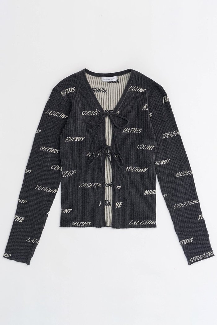 【メゾンスペシャル/MAISON SPECIAL】のLogo Jacquard Velor Rib Cardigan/ロゴジャガードベロアリブカーディガン インテリア・キッズ・メンズ・レディースファッション・服の通販 founy(ファウニー) https://founy.com/ ファッション Fashion レディースファッション Fashion for Women トップス・カットソー Cut & Sew Tops ニット Knit Tops & Sweaters カーディガン・羽織り Layered Style Cardigans ベロアトップス Velour Tops / Velvet-Look Items カーディガン Cardigan, Knitwear コンパクト Compact, Small Size ジャカード／ジャガード Jacquard, Woven Pattern ストレート Straight, Straight Cut スリット Slit, Slit Detail フロント Front, Front Design リボン Ribbon, Bow おすすめ Recommended / Our Picks |ID: prp329100004047370 ipo3291000000032937153