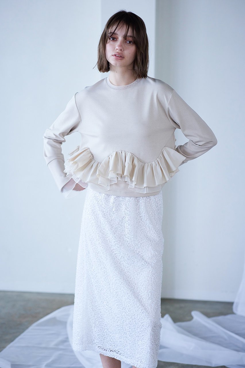 【マリリンムーン/MARILYN MOON】の【SOI-MeME】タフタスパイラルラッフルカットソートップス 人気、トレンドファッション・服の通販 founy(ファニー) 　ファッション　Fashion　レディースファッション　Fashion for Women　トップス・カットソー　Cut & Sew Tops　シャツ・ブラウス・オフィスカジュアル　Elegant Blouses & Button-Ups　ロングTシャツ・Tシャツ　Longline T-Shirts & Tees　カットソー・ベーシックTシャツ　Cut-and-Sewn Tops / Stretch Tees & Basics　シアー　Sheer, See-Through　ショート　Short, Short Length　スリーブ　Sleeve, Long Sleeve / Short Sleeve　トレンド　Trend, Trending Now　パーティ　Party, Party Style　ボトム　Bottoms, Lower Wear　ロング　Long, Long-Length　other-7|ID: prp329100004049533 ipo3291000000032899405