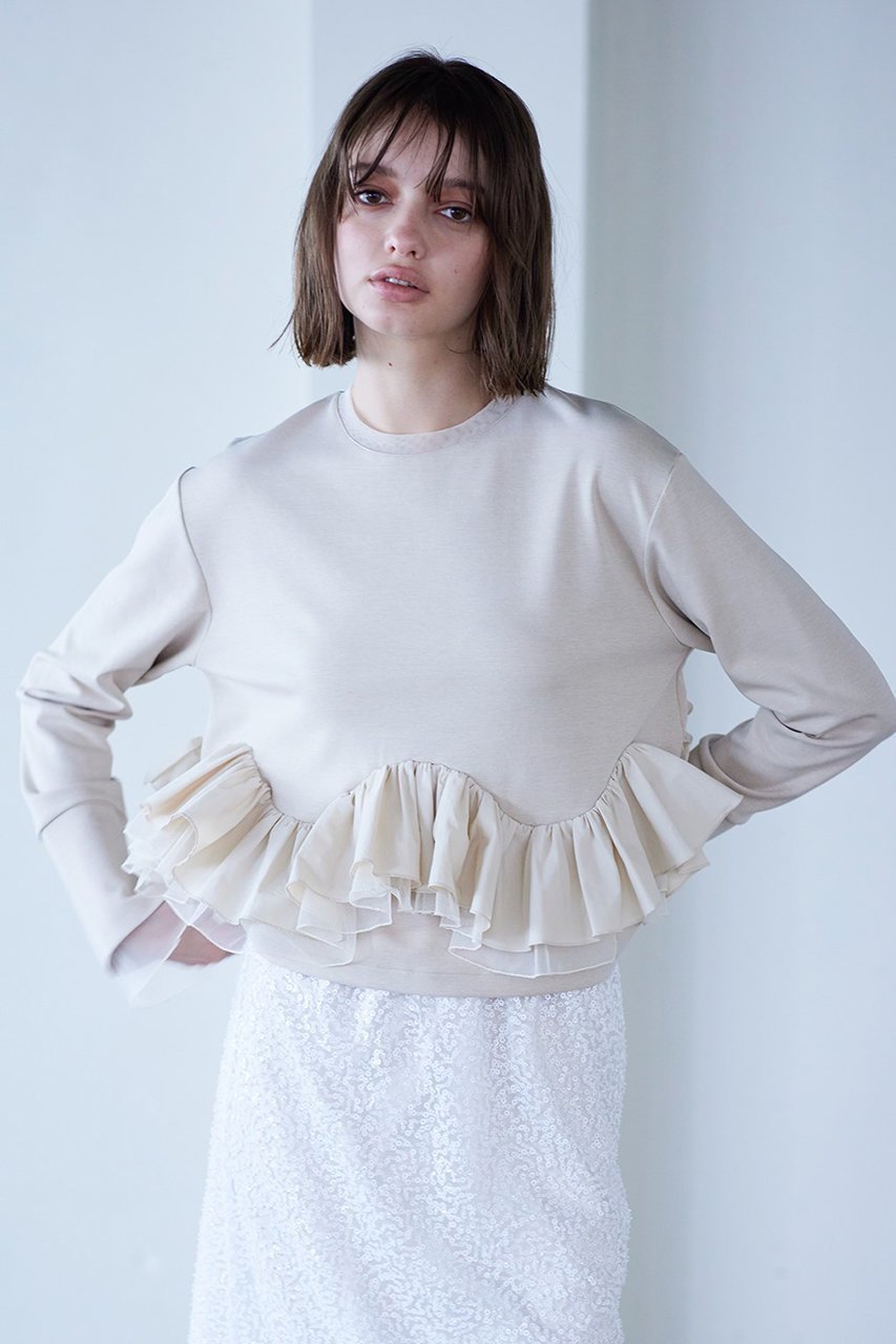 【マリリンムーン/MARILYN MOON】の【SOI-MeME】タフタスパイラルラッフルカットソートップス 人気、トレンドファッション・服の通販 founy(ファニー) 　ファッション　Fashion　レディースファッション　Fashion for Women　トップス・カットソー　Cut & Sew Tops　シャツ・ブラウス・オフィスカジュアル　Elegant Blouses & Button-Ups　ロングTシャツ・Tシャツ　Longline T-Shirts & Tees　カットソー・ベーシックTシャツ　Cut-and-Sewn Tops / Stretch Tees & Basics　シアー　Sheer, See-Through　ショート　Short, Short Length　スリーブ　Sleeve, Long Sleeve / Short Sleeve　トレンド　Trend, Trending Now　パーティ　Party, Party Style　ボトム　Bottoms, Lower Wear　ロング　Long, Long-Length　other-8|ID: prp329100004049533 ipo3291000000032899408
