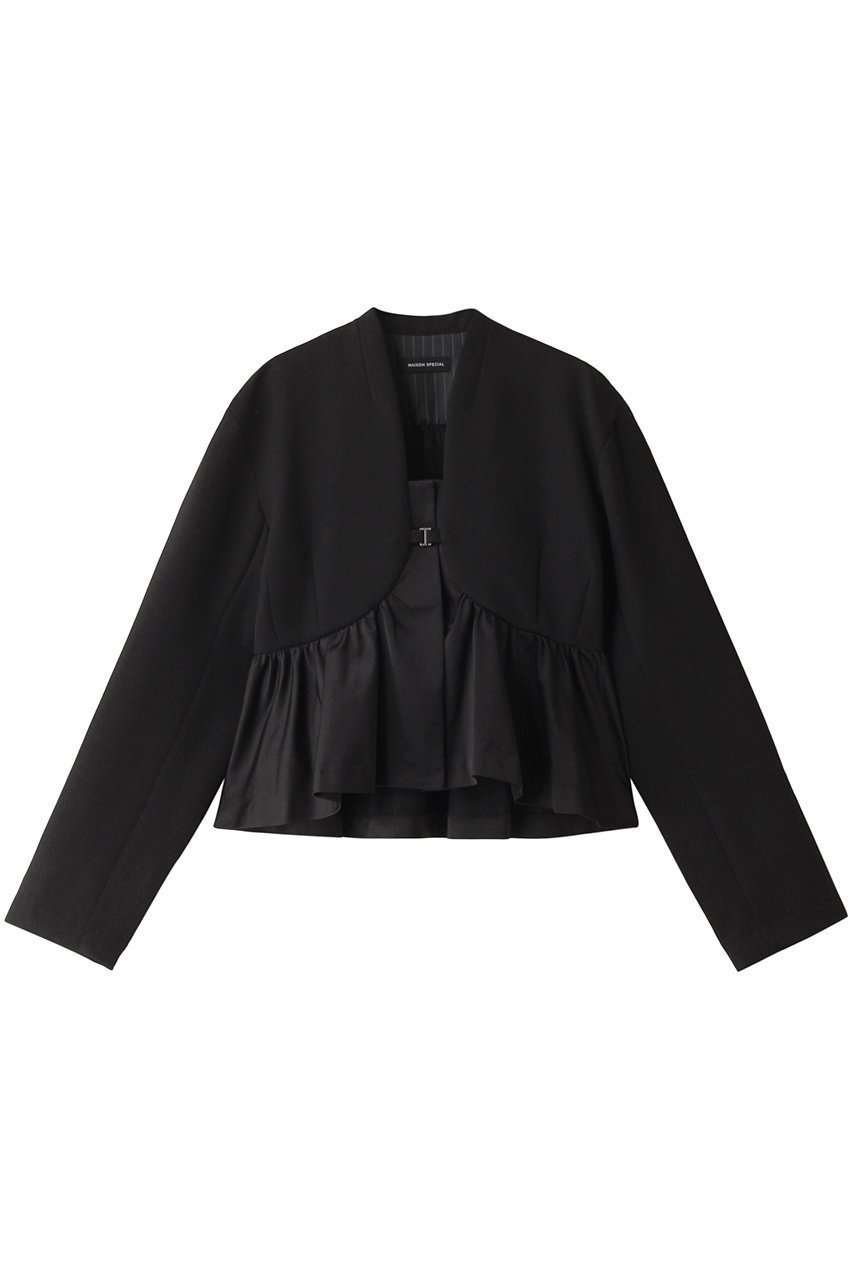 【メゾンスペシャル/MAISON SPECIAL】のSatin Peplum Jacket/サテンペプラムジャケット インテリア・キッズ・メンズ・レディースファッション・服の通販 founy(ファニー) 　ファッション　Fashion　レディースファッション　Fashion for Women　アウター　Coat / Outerwear Collection　レディースジャケット・軽アウター　Jackets　おすすめ　Recommended / Our Picks　オケージョン　Occasion Wear　カーディガン　Cardigan, Knitwear　サテン　Satin, Glossy Fabric　ジャケット　Jacket, Outerwear　ダブル　Double, Double-Breasted　ドッキング　Docking, Mixed Material　フレア　Flare, Flared　ボトム　Bottoms, Lower Wear　ワイド　Wide, Wide Fit　BLK(ブラック)|ID: prp329100004050693 ipo3291000000035580859