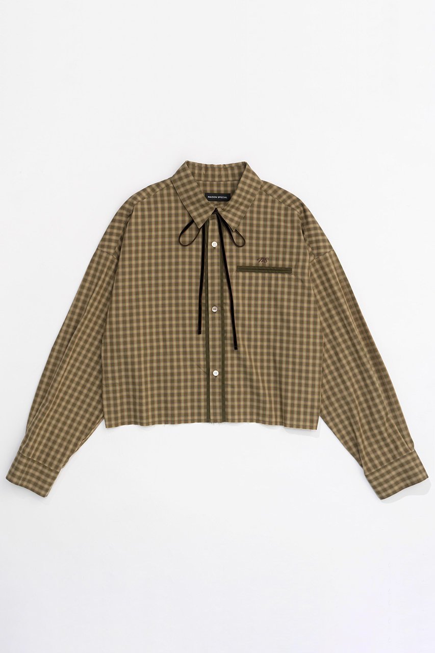 【メゾンスペシャル/MAISON SPECIAL】のRibbon Short Length Cleric Shirt/クレリックリボンショートシャツ インテリア・キッズ・メンズ・レディースファッション・服の通販 founy(ファニー) 　ファッション　Fashion　レディースファッション　WOMEN　トップス・カットソー　Tops/Tshirt　シャツ/ブラウス　Shirts/Blouses　A/W・秋冬　Aw・Autumn/Winter・Fw・Fall-Winter　ショート　Short　スリーブ　Sleeve　チェック　Check　トレンド　Trend　バランス　Balance　リボン　Ribbon　ロング　Long　OLV(オリーブ)|ID: prp329100004050715 ipo3291000000027192280