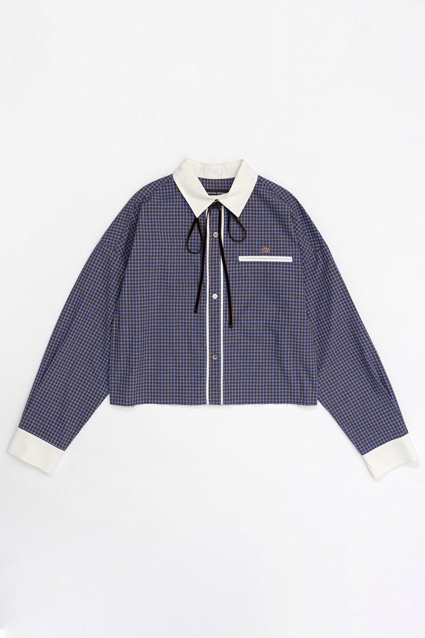 【メゾンスペシャル/MAISON SPECIAL】のRibbon Short Length Cleric Shirt/クレリックリボンショートシャツ インテリア・キッズ・メンズ・レディースファッション・服の通販 founy(ファニー) 　ファッション　Fashion　レディースファッション　WOMEN　トップス・カットソー　Tops/Tshirt　シャツ/ブラウス　Shirts/Blouses　A/W・秋冬　Aw・Autumn/Winter・Fw・Fall-Winter　ショート　Short　スリーブ　Sleeve　チェック　Check　トレンド　Trend　バランス　Balance　リボン　Ribbon　ロング　Long　BLU(ブルー)|ID: prp329100004050715 ipo3291000000027192281