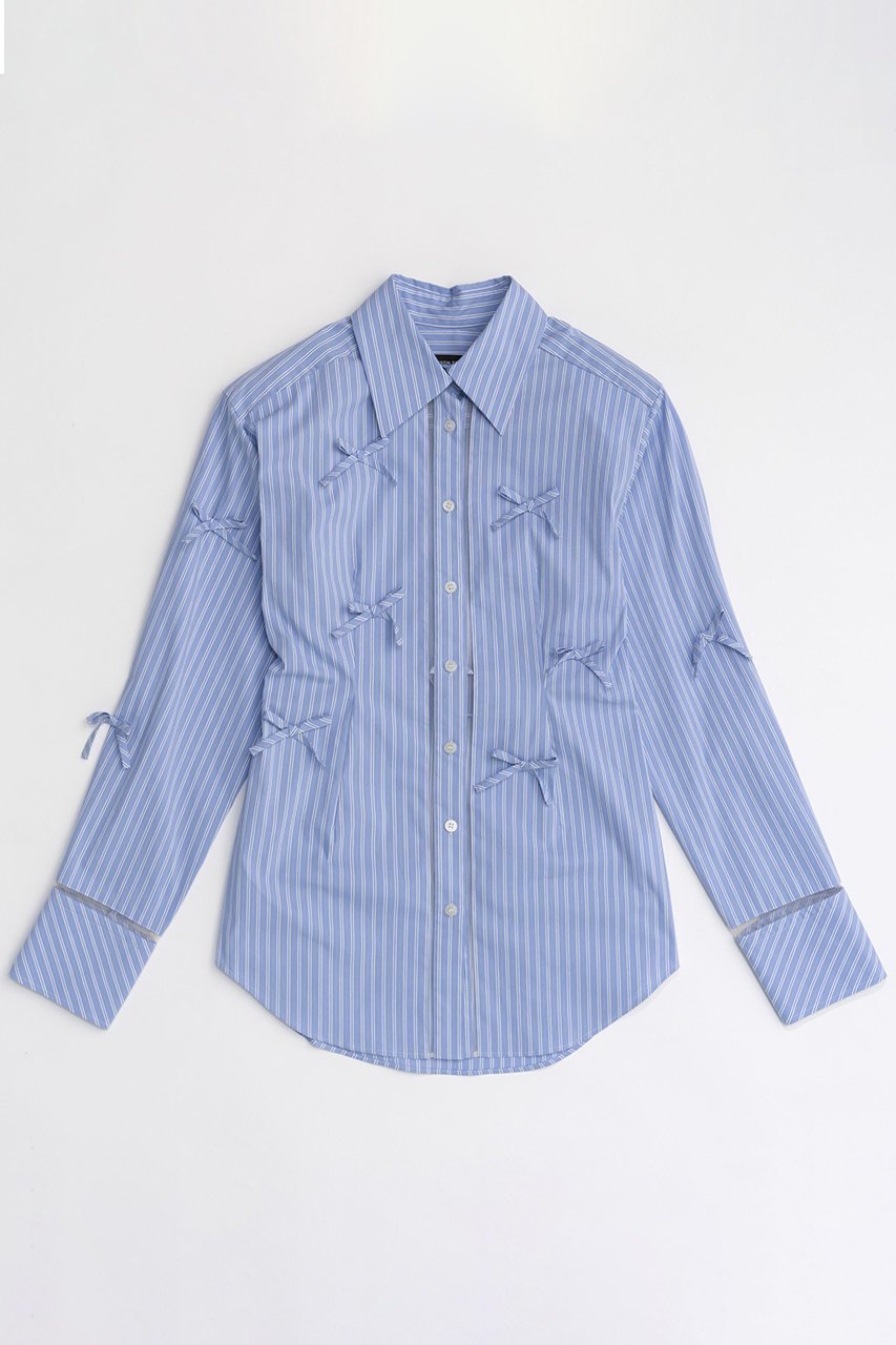 【メゾンスペシャル/MAISON SPECIAL】のMany Ribbon Narrow Shirt/メニーリボンナローシャツ インテリア・キッズ・メンズ・レディースファッション・服の通販 founy(ファニー) 　ファッション　Fashion　レディースファッション　Fashion for Women　トップス・カットソー　Cut & Sew Tops　シャツ・ブラウス・オフィスカジュアル　Elegant Blouses & Button-Ups　カフス　Cuff Design　シアー　Sheer, See-Through　ストライプ　Stripe, Striped Pattern　スリーブ　Sleeve, Long Sleeve / Short Sleeve　デニム　Denim, Jeans Material　トレンド　Trend, Trending Now　メランジ　Melange, Mixed Yarn　リボン　Ribbon, Bow　ロング　Long, Long-Length　おすすめ　Recommended / Our Picks　エレガント 上品　Elegant　BLU(ブルー)|ID: prp329100004050719 ipo3291000000036841898