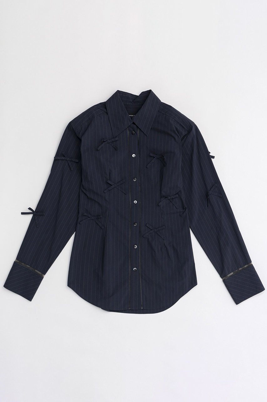 【メゾンスペシャル/MAISON SPECIAL】のMany Ribbon Narrow Shirt/メニーリボンナローシャツ インテリア・キッズ・メンズ・レディースファッション・服の通販 founy(ファニー) 　ファッション　Fashion　レディースファッション　Fashion for Women　トップス・カットソー　Cut & Sew Tops　シャツ・ブラウス・オフィスカジュアル　Elegant Blouses & Button-Ups　カフス　Cuff Design　シアー　Sheer, See-Through　ストライプ　Stripe, Striped Pattern　スリーブ　Sleeve, Long Sleeve / Short Sleeve　デニム　Denim, Jeans Material　トレンド　Trend, Trending Now　メランジ　Melange, Mixed Yarn　リボン　Ribbon, Bow　ロング　Long, Long-Length　おすすめ　Recommended / Our Picks　エレガント 上品　Elegant　NVY(ネイビー)|ID: prp329100004050719 ipo3291000000036841900