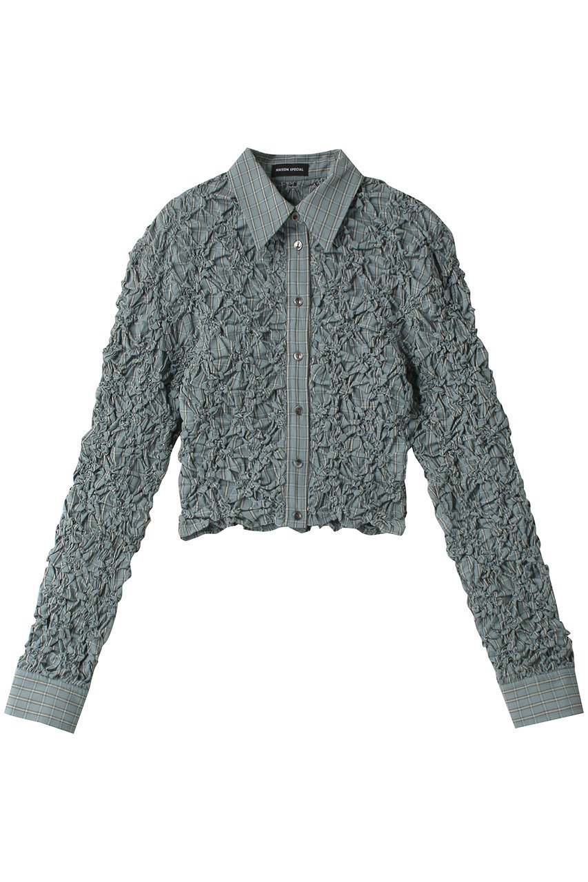 【メゾンスペシャル/MAISON SPECIAL】のCheckered Shirring Short Length Shirt/チェックシャーリングショートシャツ インテリア・キッズ・メンズ・レディースファッション・服の通販 founy(ファニー) 　ファッション　Fashion　レディースファッション　Fashion for Women　トップス・カットソー　Cut & Sew Tops　シャツ・ブラウス・オフィスカジュアル　Elegant Blouses & Button-Ups　インナー　Innerwear　カフス　Cuff Design　キャミワンピース　Cami Dress, Slip Dress　シャーリング　Shirring, Ruched　ショート　Short, Short Length　スリーブ　Sleeve, Long Sleeve / Short Sleeve　バランス　Balance, Style Balance　ロング　Long, Long-Length　ワイド　Wide, Wide Fit　S.BLU(スカイブルー)|ID: prp329100004050722 ipo3291000000036724252