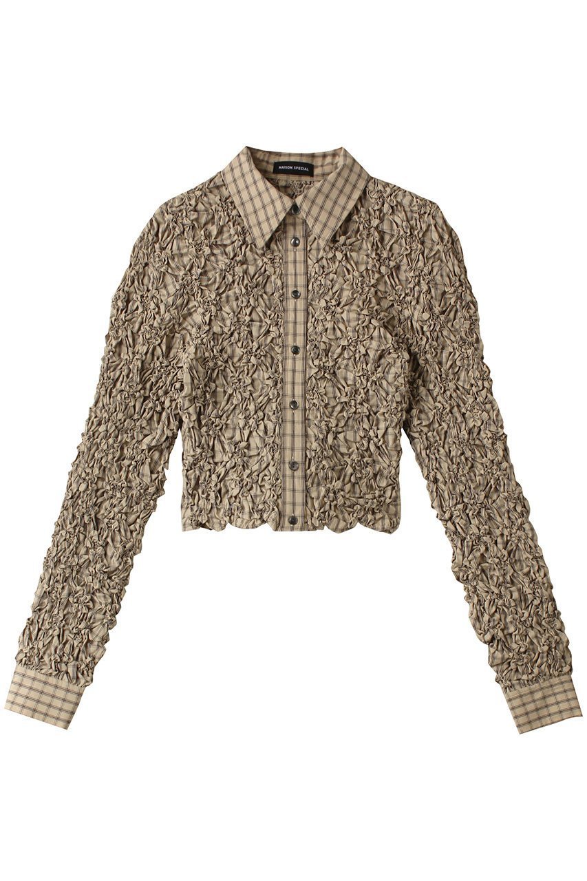 【メゾンスペシャル/MAISON SPECIAL】のCheckered Shirring Short Length Shirt/チェックシャーリングショートシャツ インテリア・キッズ・メンズ・レディースファッション・服の通販 founy(ファニー) 　ファッション　Fashion　レディースファッション　Fashion for Women　トップス・カットソー　Cut & Sew Tops　シャツ・ブラウス・オフィスカジュアル　Elegant Blouses & Button-Ups　インナー　Innerwear　カフス　Cuff Design　キャミワンピース　Cami Dress, Slip Dress　シャーリング　Shirring, Ruched　ショート　Short, Short Length　スリーブ　Sleeve, Long Sleeve / Short Sleeve　バランス　Balance, Style Balance　ロング　Long, Long-Length　ワイド　Wide, Wide Fit　BGE(ベージュ)|ID: prp329100004050722 ipo3291000000036724253